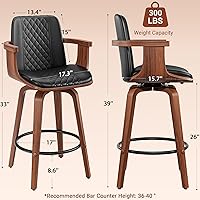 Vista 2 de Bar Stools Set of 2, 26" Bentwood Barstools with Arms, Mid-Century Modern Counter Height Swivel Bar Chairs, PU Leather Barstools with Back &