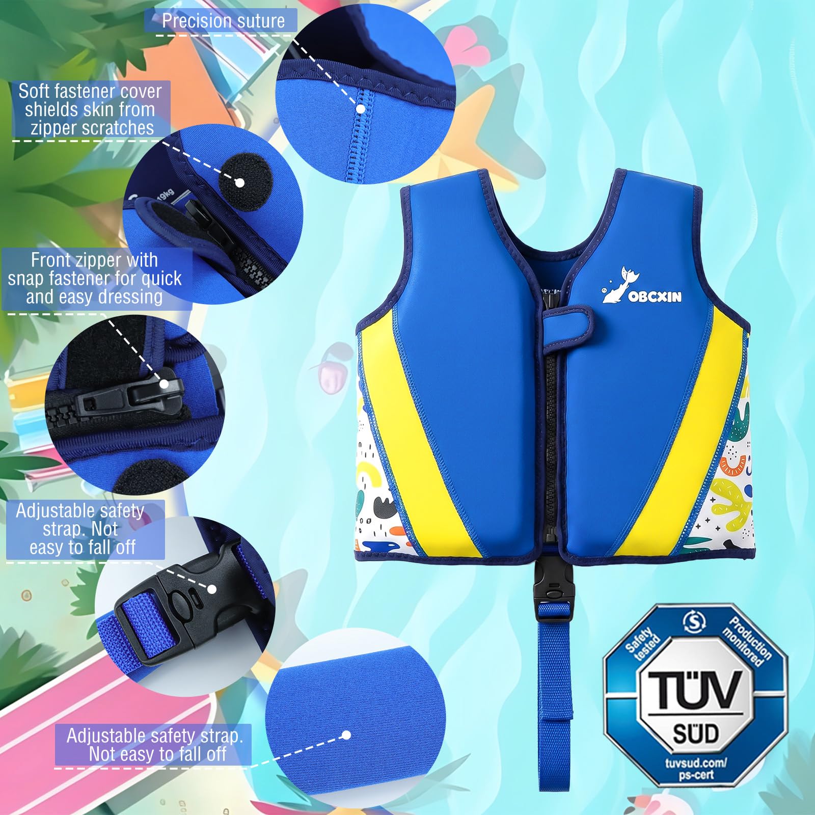 Schwimmweste Kinder, TÜV geprüfte Schwimmhilfe für Kinder ab 2 Jahre mit verstellbarem Auftrieb, Float Jacket für Junge, Mädchen 15-35kg