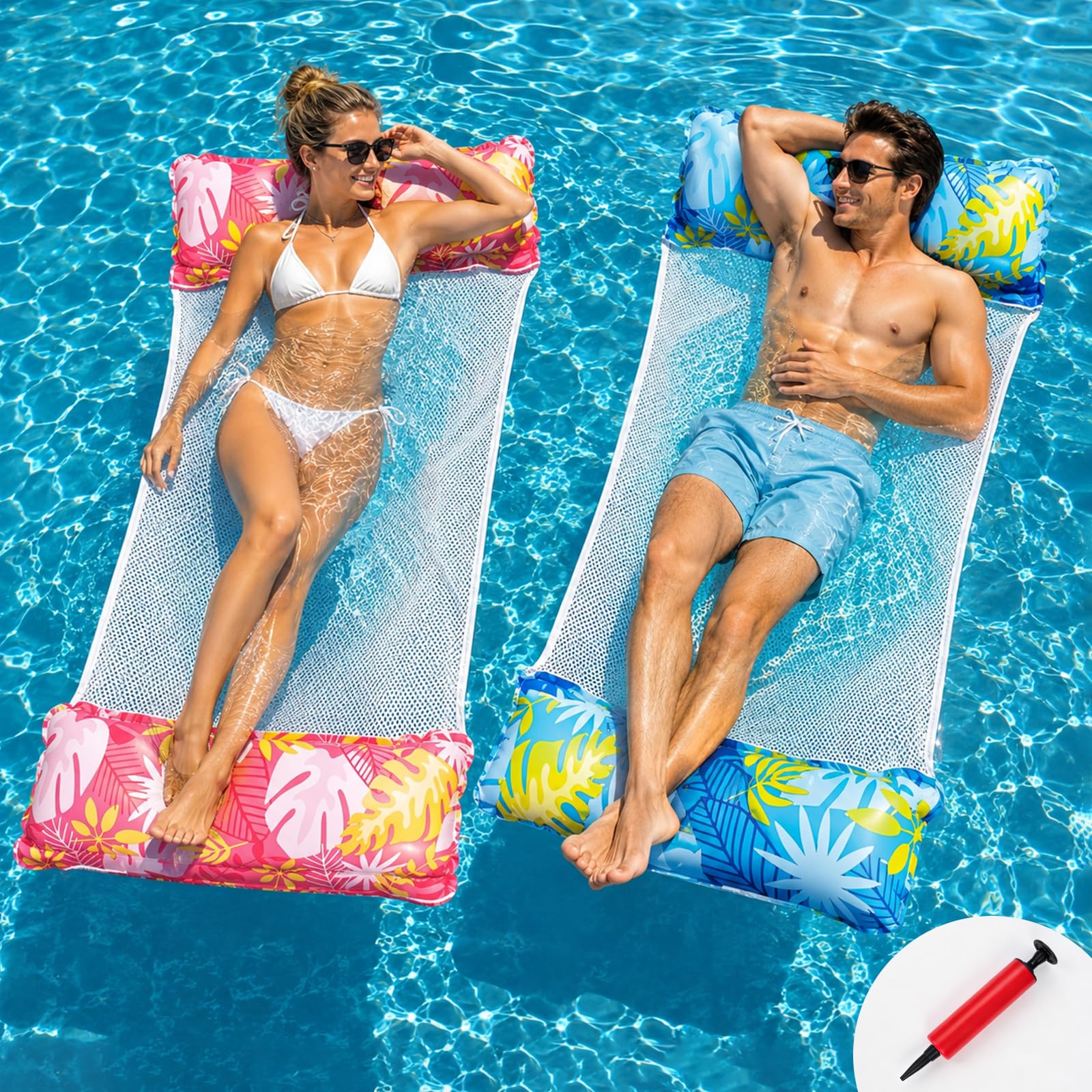 2 Pack Inflatable Pool Hammock Floats for Adults, 4-in-1 Water Lounger with Buoyant Pillow & Breathable Mesh Seat, PVC Float for Pool Lake Beach, 200 lbs, Palm Leaves (Blue/Pink)