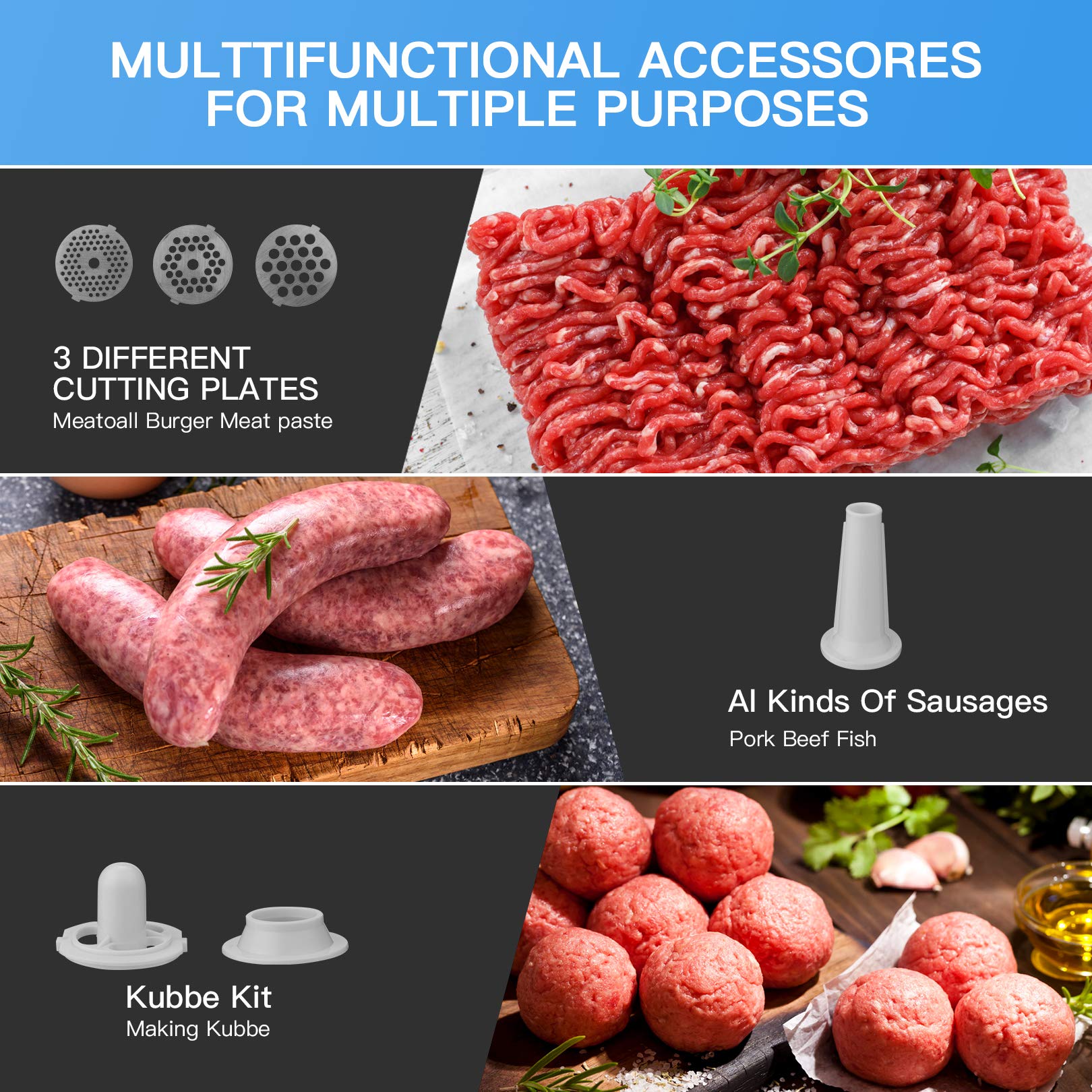 Nictemaw Hachoir à Viande Électrique 2000W - 4 en 1 Avec Fonction Saucisse, Biscuits, Salades et Découpe - Corps en Acier Inoxydable