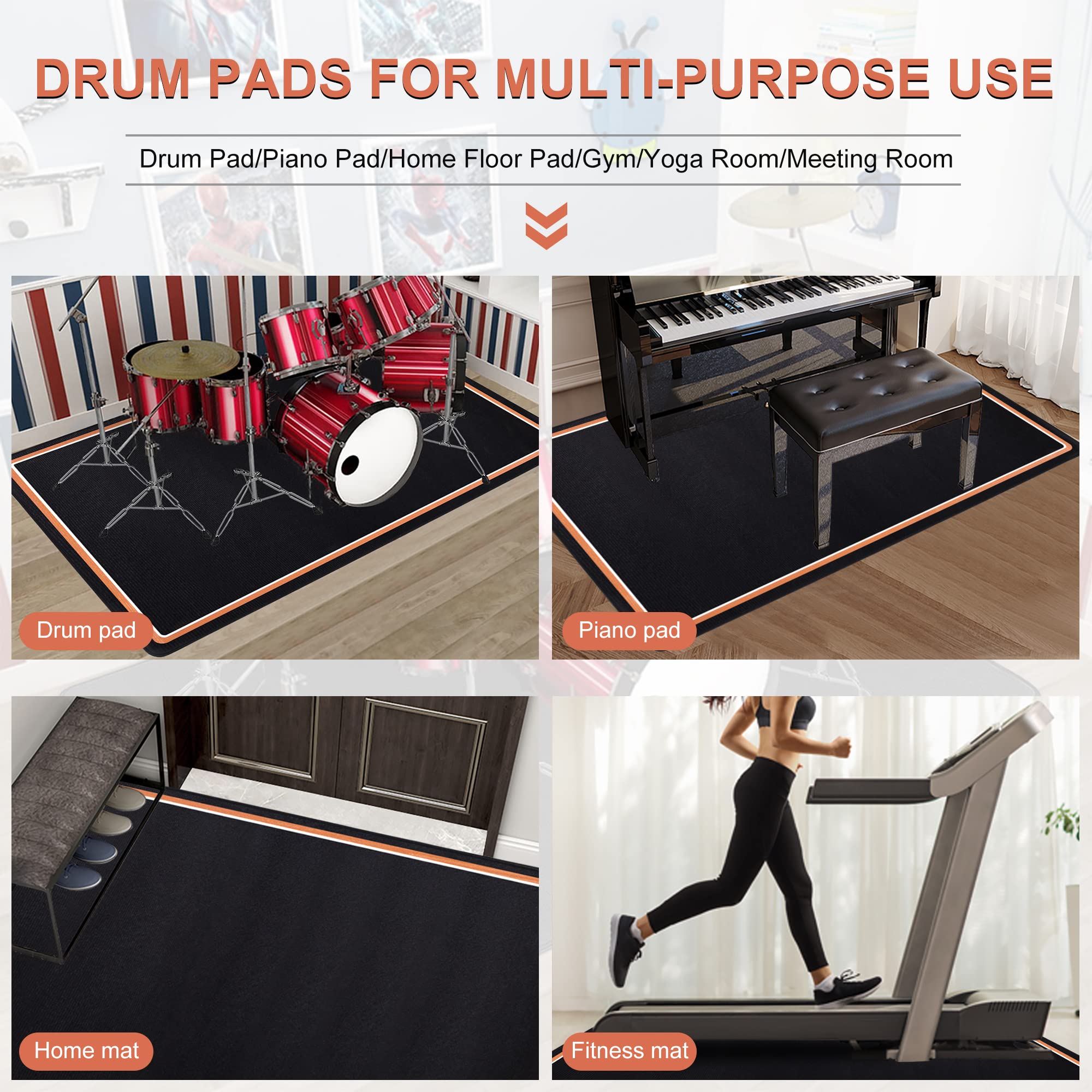 OUUTMEE 182x122cm Schlagzeugteppich Drum Teppich,Elektrisches Schlagzeug Teppich, Professionelles rechteckiges Schwarz+Orangefarbener Rand
