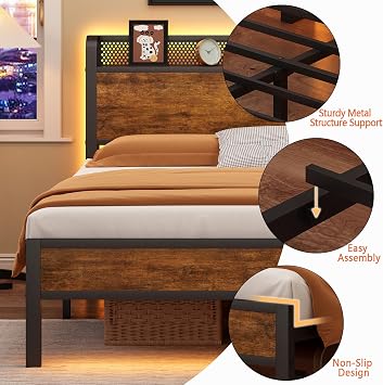 Full Bed Frame with Charging Station and LED Lights,Heavy Duty Platform Beds Full Size with Storage Headboard,USB Port,Rustic Wood and Strong Metal Support,No Box Spring Needed, Noise Free