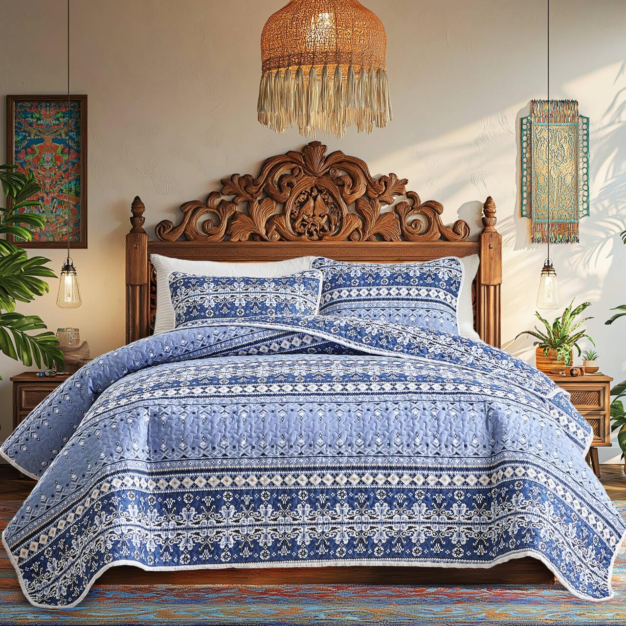 3 Pieces Bohemian Quilt Sets Queen Size, Blue Striped Boho Tribal Geometric Printed Bedspread With Shams Soft Lightweight for All Season (Queen/Full, 88x88 inches)
