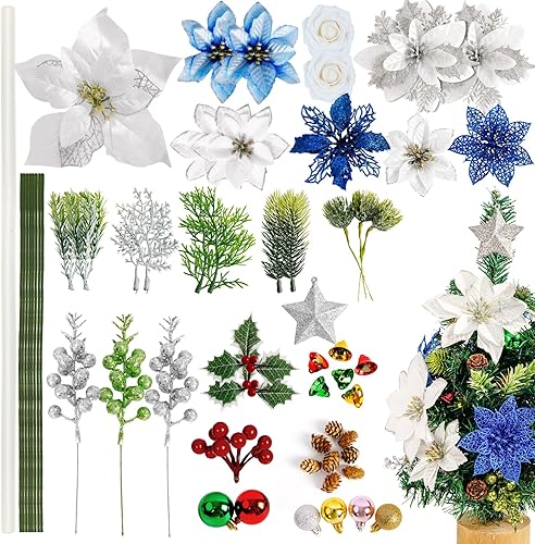 Miniatura 2 de SOUTHGATE Juego de adornos de árbol de Navidad azules y plateados, decoraciones para árbol de Navidad de 24.56 pies, corona de fiesta de boda,