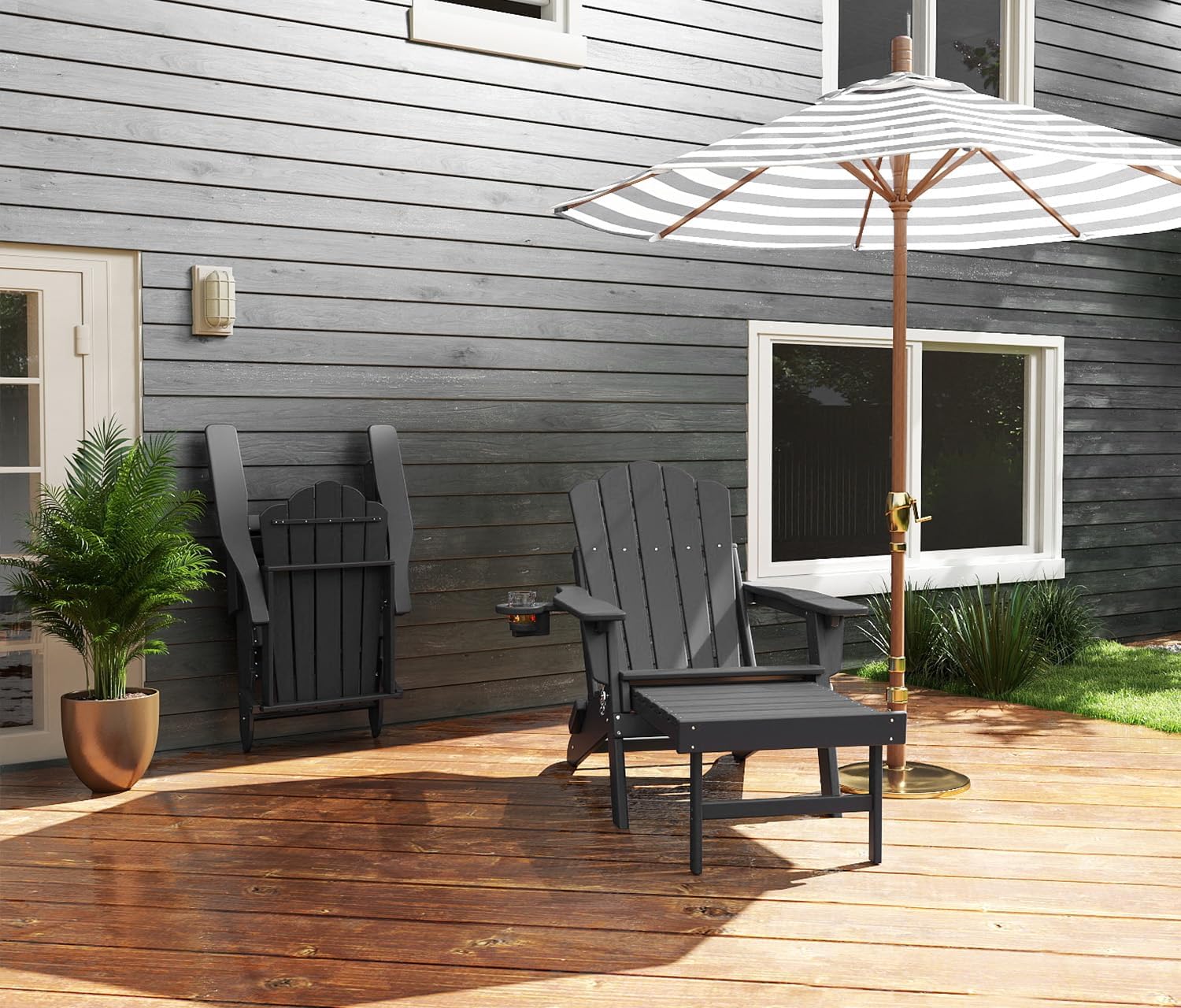 FOOWIN Adjustable Adirondack Chair with Retractable Ottoman Set of 2, Folding Adirondack Chair with Cup Holder, HDPE All-Weather Fire Pit Chair for Patio, Yard, Poolside, Grey