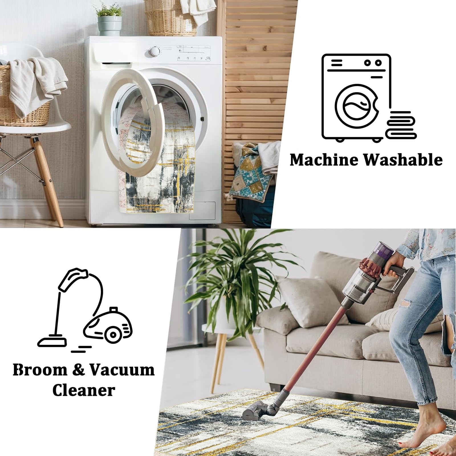 Tapis Antidérapant Salon Moderne, Tapis Doux Lavable en Machine, Tapis Poil Ras Agréablement Étre Destiné à Salon, Chambre, Salle à Manger, Beige & Gris, 200x290cm