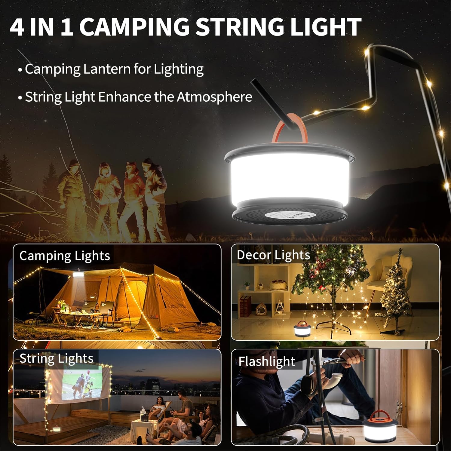 2-Pack Camping String Lights, 4 in 1 Retractable String Lights, Quick 30s Recovery, 32.8ft Rechargeable LED Fairy Lights for Outside, 32.8ft Portable Tent Lights for Tent Patio Awning RV Decoration