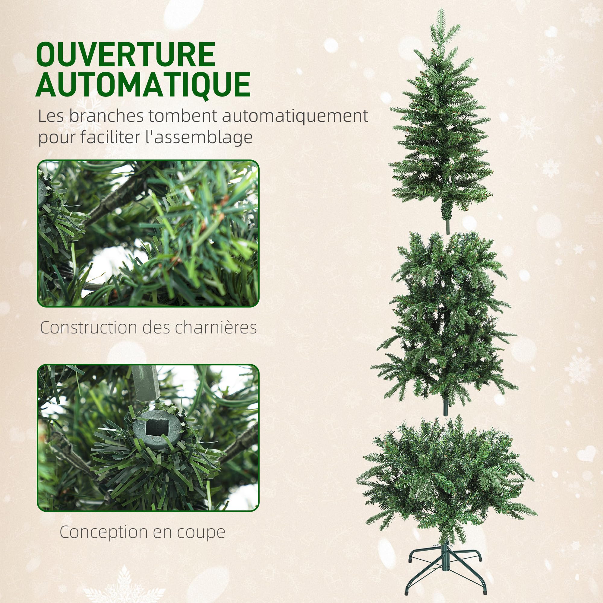 HOMCOM Sapin de Noël Artificiel 180 cm Arbre de Noël Slim 200 Lumières Vert | Blanches Chaudes, 8 Modes d'Éclairage, 605 Pointes de Branche Articulée, Support en Métal, Plastique Ignifuge