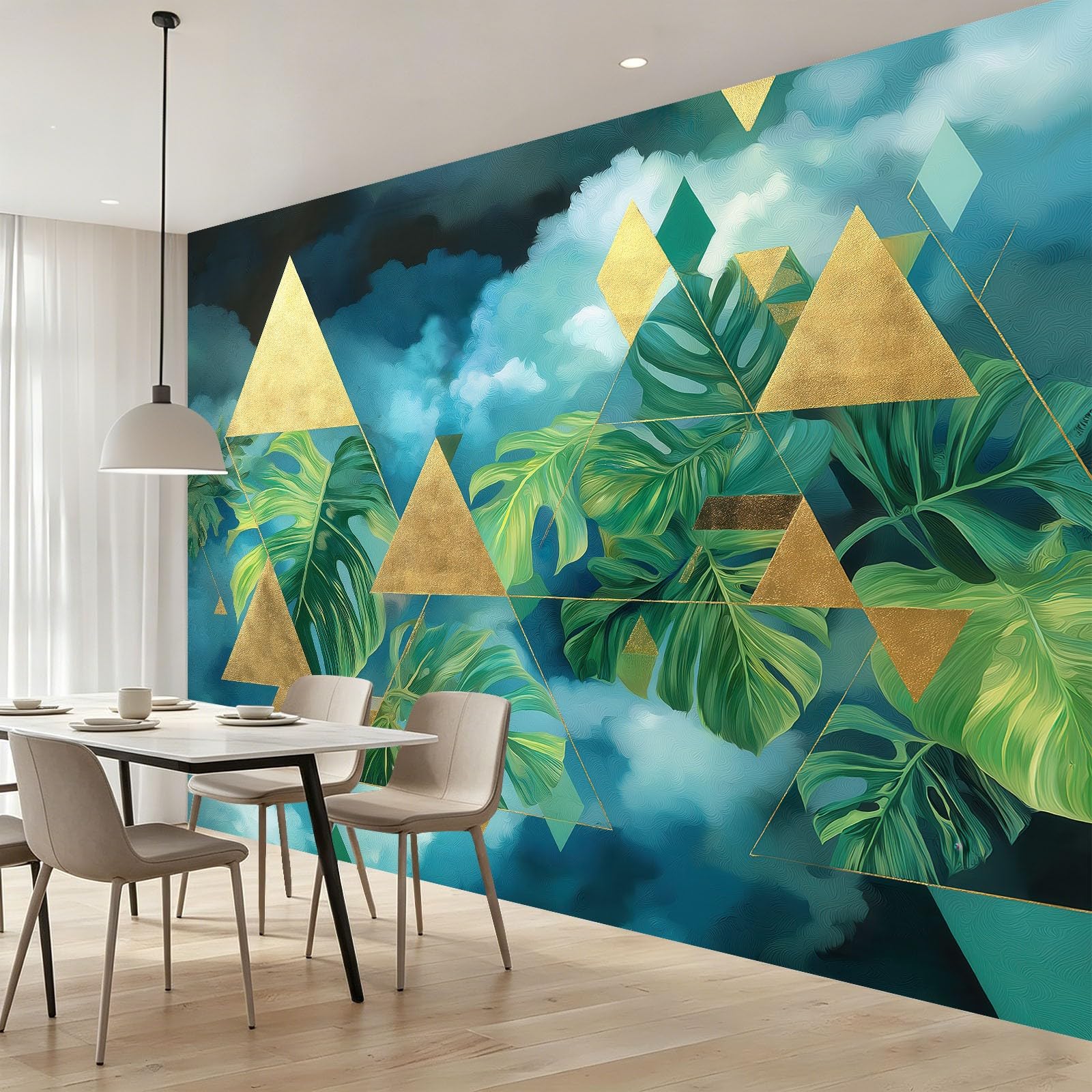 Panoramiczna tapeta z włókniny botaniczna monstera liście zielona geometria plakat obrazy ścienne używane do salonu dekoracja ścienna do pokoju dziecięcego 350 x 256 cm, dorośli