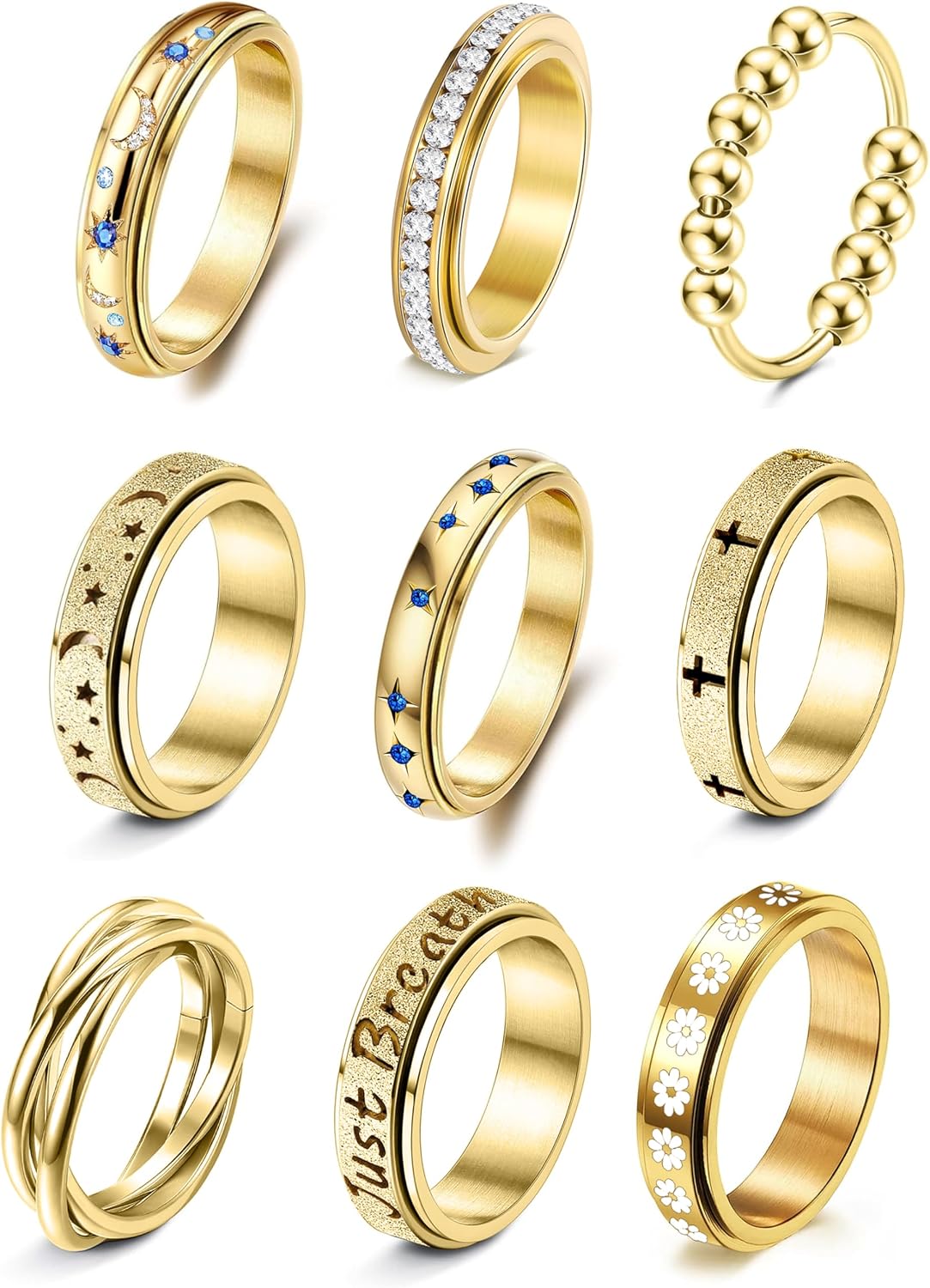 Fidget Ring for Anxiety Stainless Steel Anti Anxiety Ring Spinning Flower Moon Star Bands Rings for Women Anxiety Stress Relief Spinner Jewelry