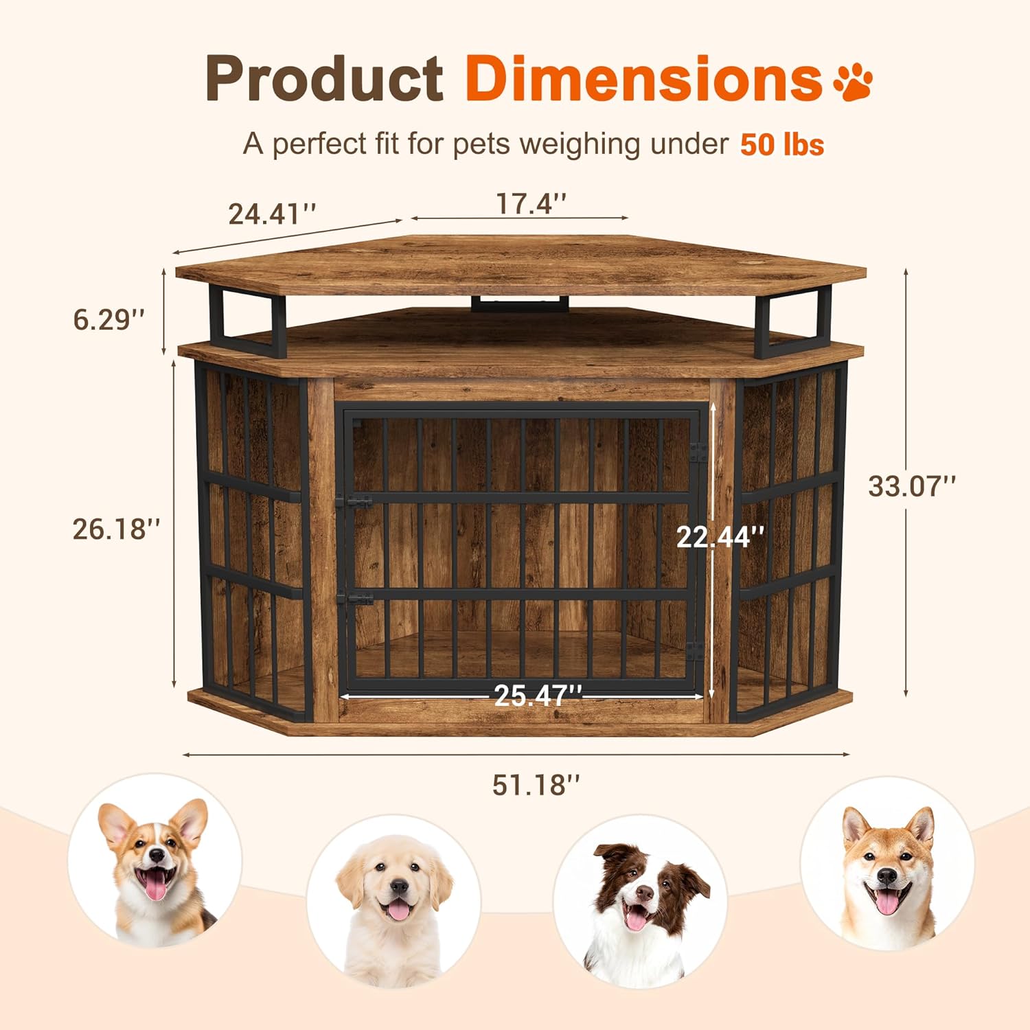 Corner Dog Crate Furniture with 2-Tier Shelves，51" Large Dog Kennel with Storage Indoor Wooden TV Stand, Modern Dog Cage Decorative Pet House, Rustic Brown