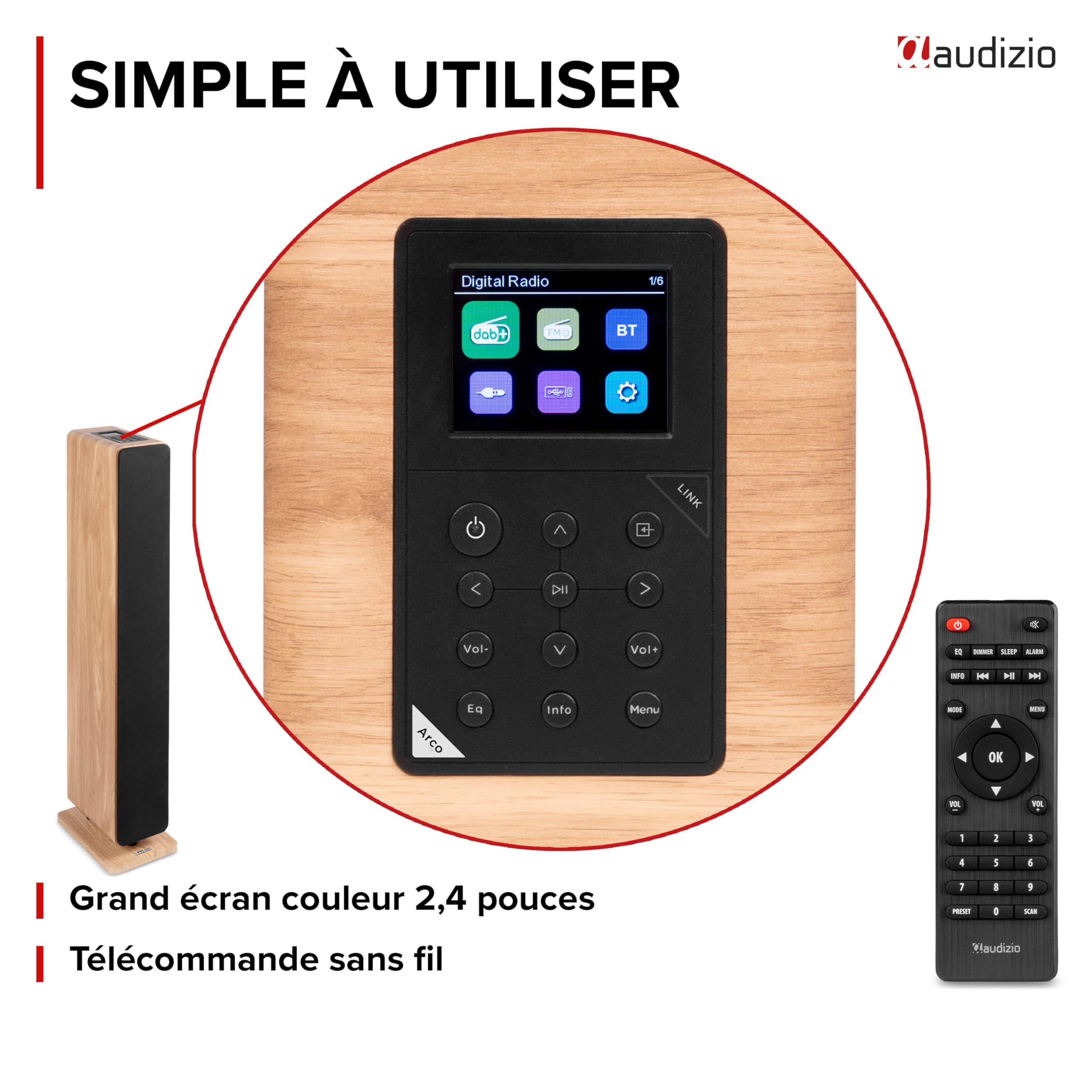 Audizio ARCO - Enceinte Colonne Hi-FI Active Chêne Clair avec Radio Dab+ 160W avec 3 Woofers 4″ - Tour de Son BT, USB, Optique
