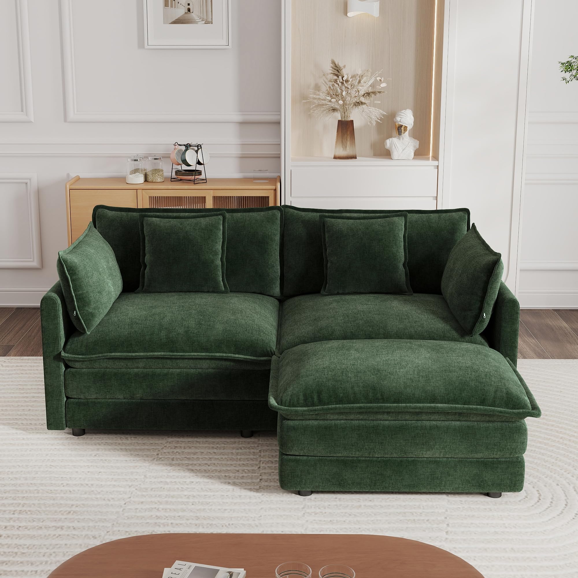 KEIKI 77" L-Shaped Oversized Chenille Modular Sectional Loveseat Sofa with 1 Ottoman, High-Density Foam Cushion, Modern Style 2-Seater Fluffy Corner Couch with 4 Pillow, for Living Room, Green