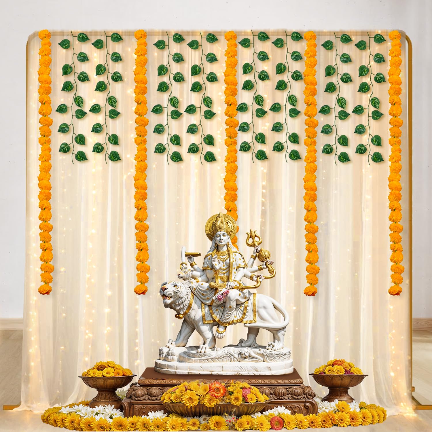 Party Propz Backdrop for Decoration with Fairy Light 9m, Marigold Garland, Artificial Leaves -13Pcs Haldi Decoration, Diwali Decoration for Home Decor, Navratri Decoration Items