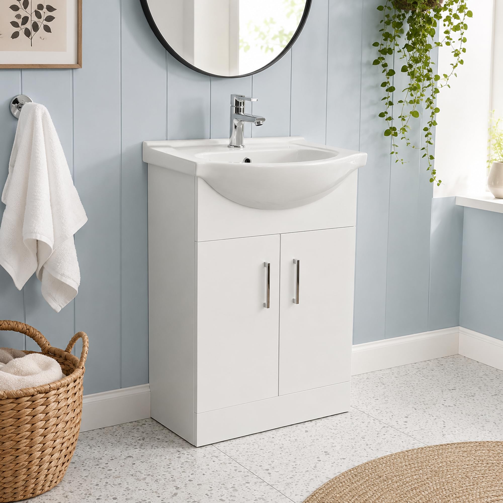 Built Right Bathroom Vanity Unit with Ceramic Basin, White Gloss Floor Standing PVC Bathroom Cabinet, Fully Assembled Soft Close Storage Unit No Tap and waste (650 Double Door)