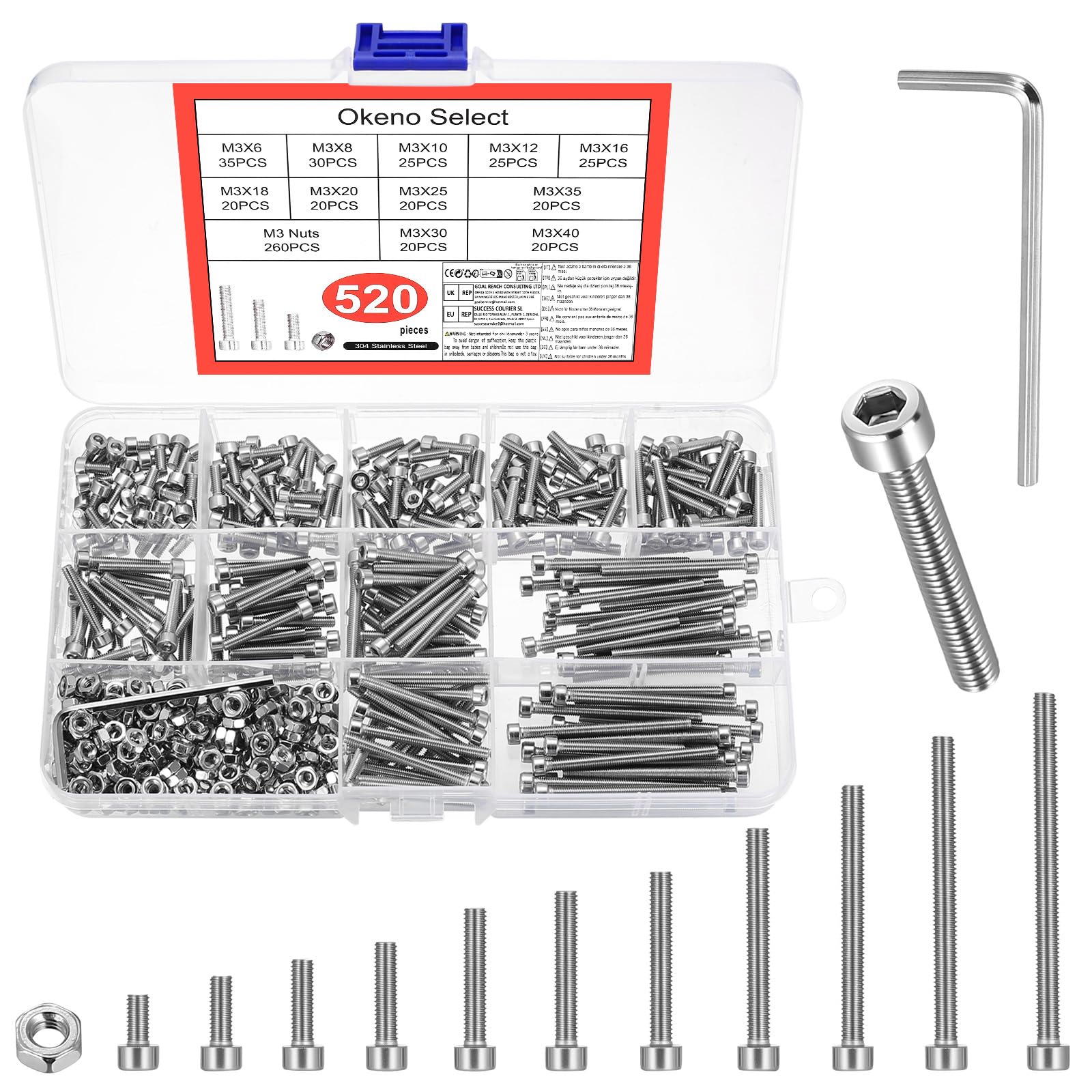 Okeno Select 520 Pcs M3 Screw Assortment Kit, Hex Bolts with Nuts Set, Machine Screws with Hex Socket Cap Head, Stainless Steel Threaded Bolts with Washers Collection for DIY & Repair
