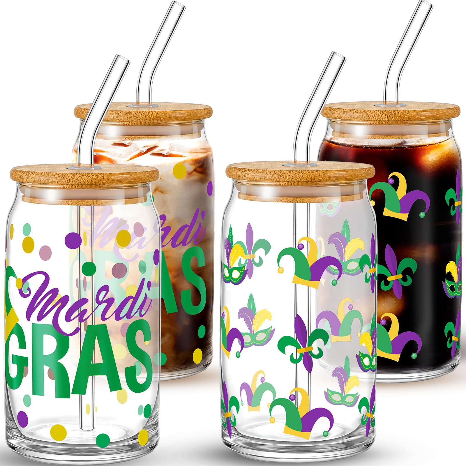 Lallisa 4 Pack Mardi Gras Glass Cups 16 oz Gold, Green, Purple Iced Coffee Glasses Tumblers with Lids Straw for Mardi Gras Party Birthday Festival Parade Decoration