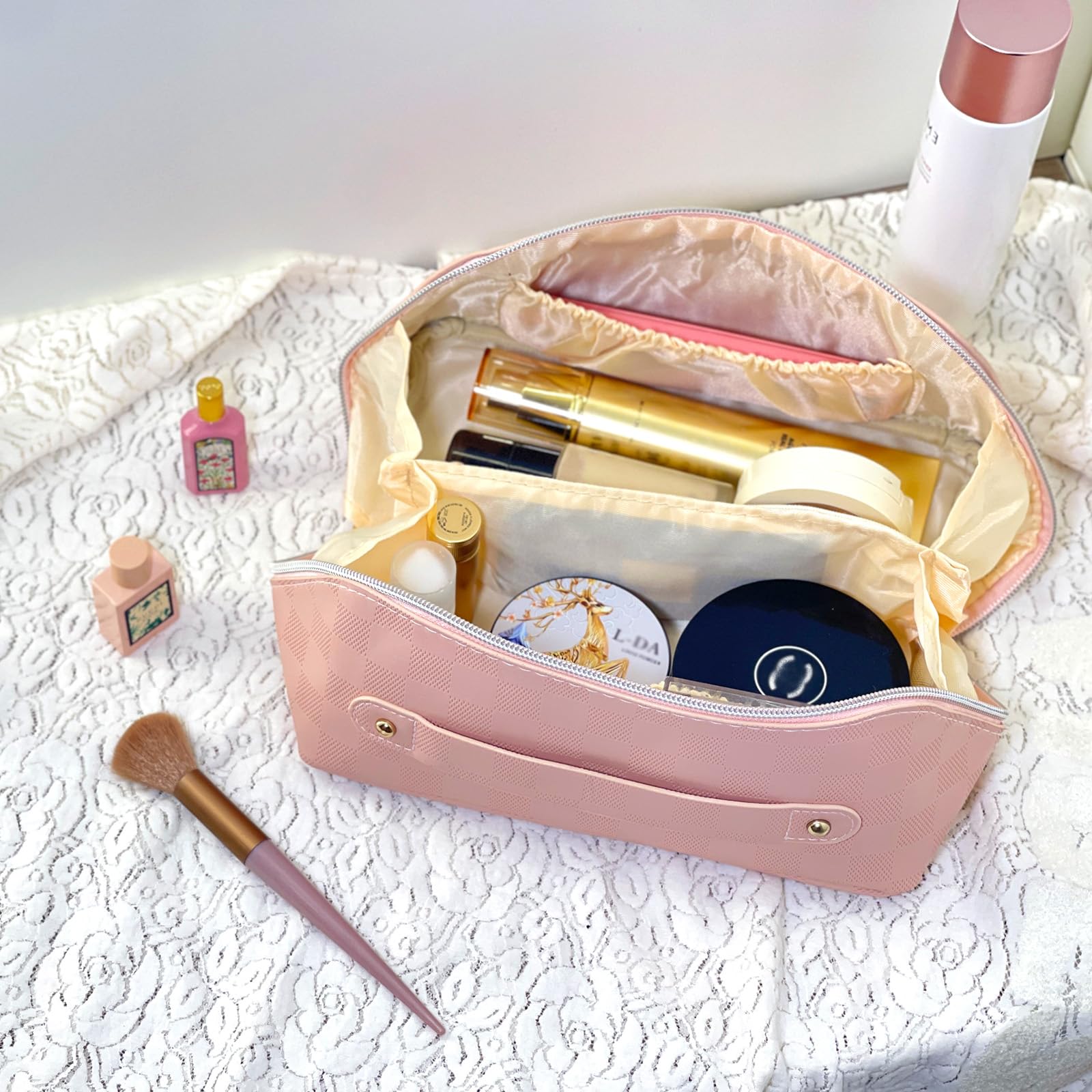 Reise-Make-up-Tasche, Kosmetik-Organizer mit breiter Öffnung und Trennwand, Kulturbeutel aus PU-Leder mit 2 Mini-Aufbewahrungstaschen, Pink, Kosmetik-Organizer mit mehreren Fächern und breiter