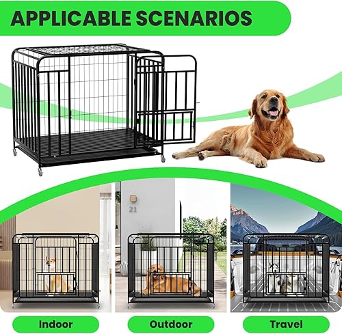 Miniatura 2 de Heavy Duty Dog Crate 52 Feet - Double Door, Movable Tray, Dog Crates for Large Dogs with 4 Casters for Movement, Black