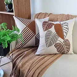 Conjunto 2 Capas Almofadas de Linho com Aplicação Boucle, Estampas Geométricas Terracota e Bege 43x43cm
