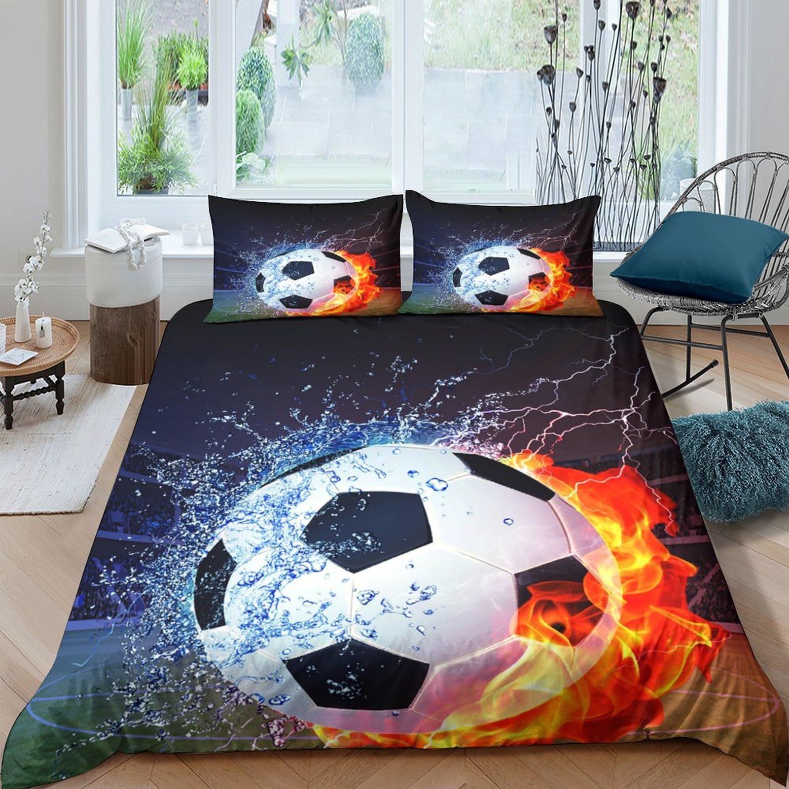Ctjqhvkz Style-7 3D Printed Fire Soccer Fitted Sheet Microfiber Soft Blue Splash Mattress Cover Bedroom Dorm Protector Decor Single（135X200cm）