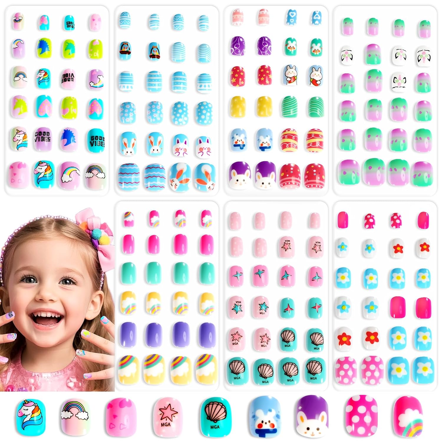 168 Pieces Press on Nails for Kids, SAVILAND 7 Pack Children Fake Artificial False Nail Tips Old Colorful Flower Nails For Girls 8-12 Years Pre Glue Full Cover with Nail Adhesive Tabs (Glamkids)