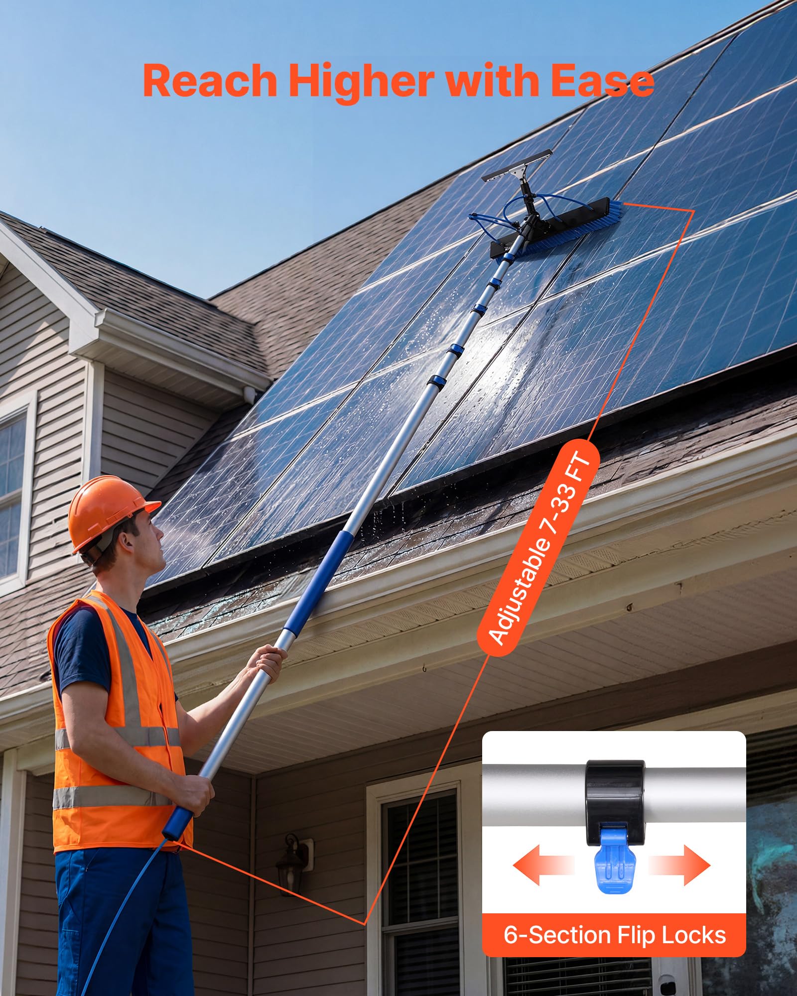 VEVOR Kit di Pulizia per Pannelli Fotovoltaici, 10 m, Spazzola 2 in 1 con Asta Telescopica in Alluminio per Lavaggio di Pannelli Solari, con Tergivetro, Dispenser di Sapone, Testa Ruotabile a 180°
