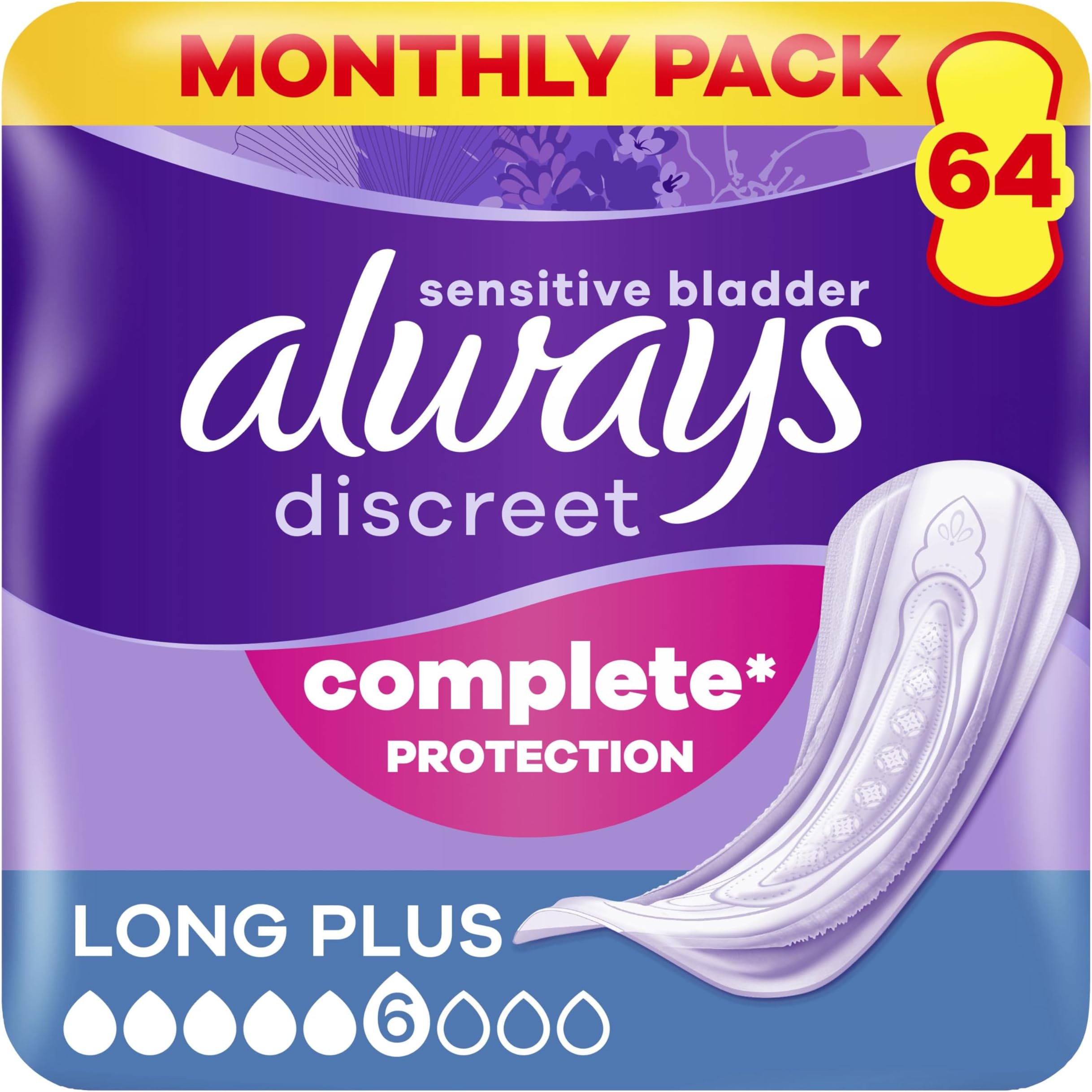 Long Plus Incontinence Pads 64 Pads (4 x 16 Pieces) Monthly Pack, Discreet Protection & High Absorbency, Odour-Neutralising (Packaging May Vary)