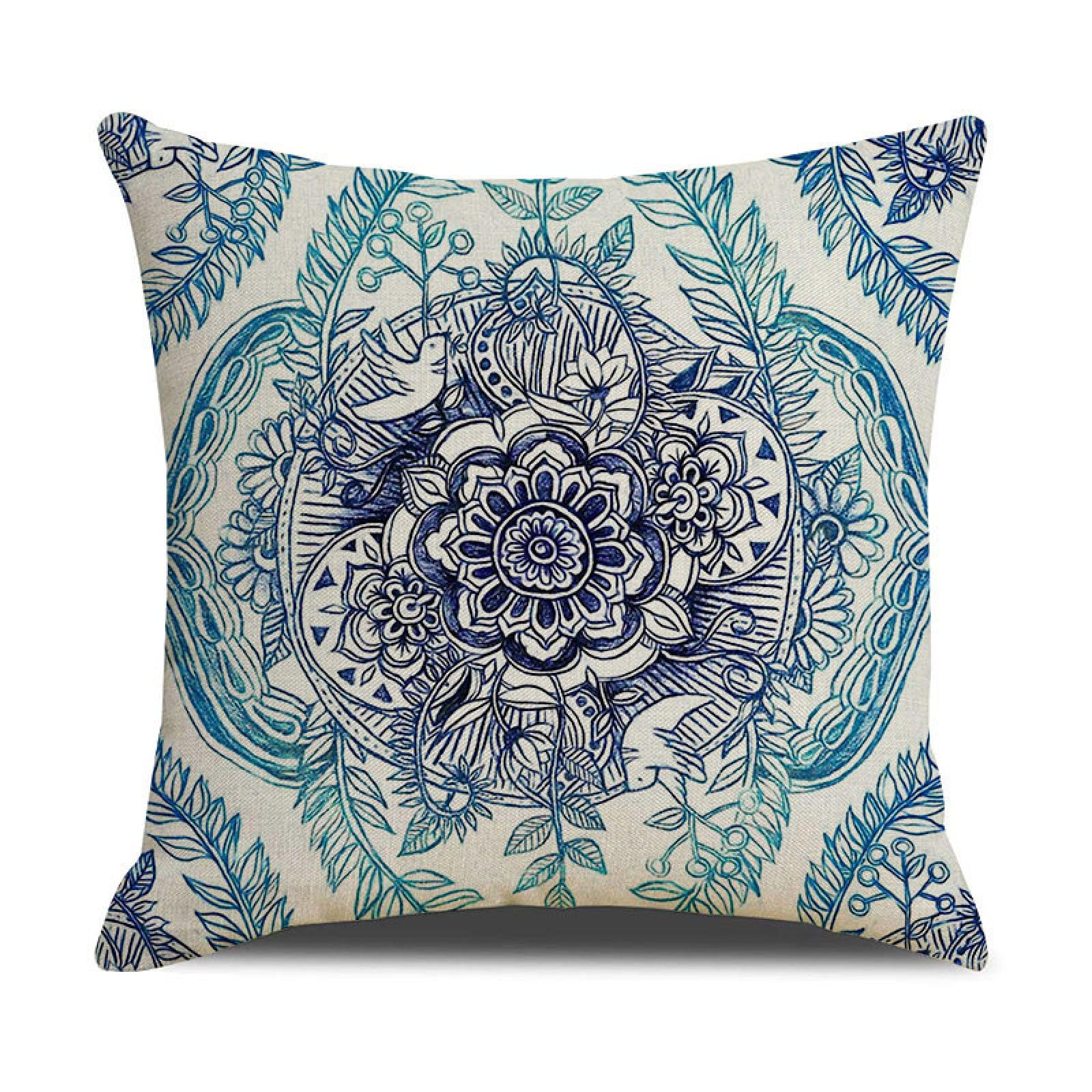 Cushion Covers 40cm x 40cm Mandala Blue Leaves Decorative Pillows Linen Square Sofa Bed Cushions with Invisible Zipper Throw Pillow for Living Room Outdoor Pillowcases
