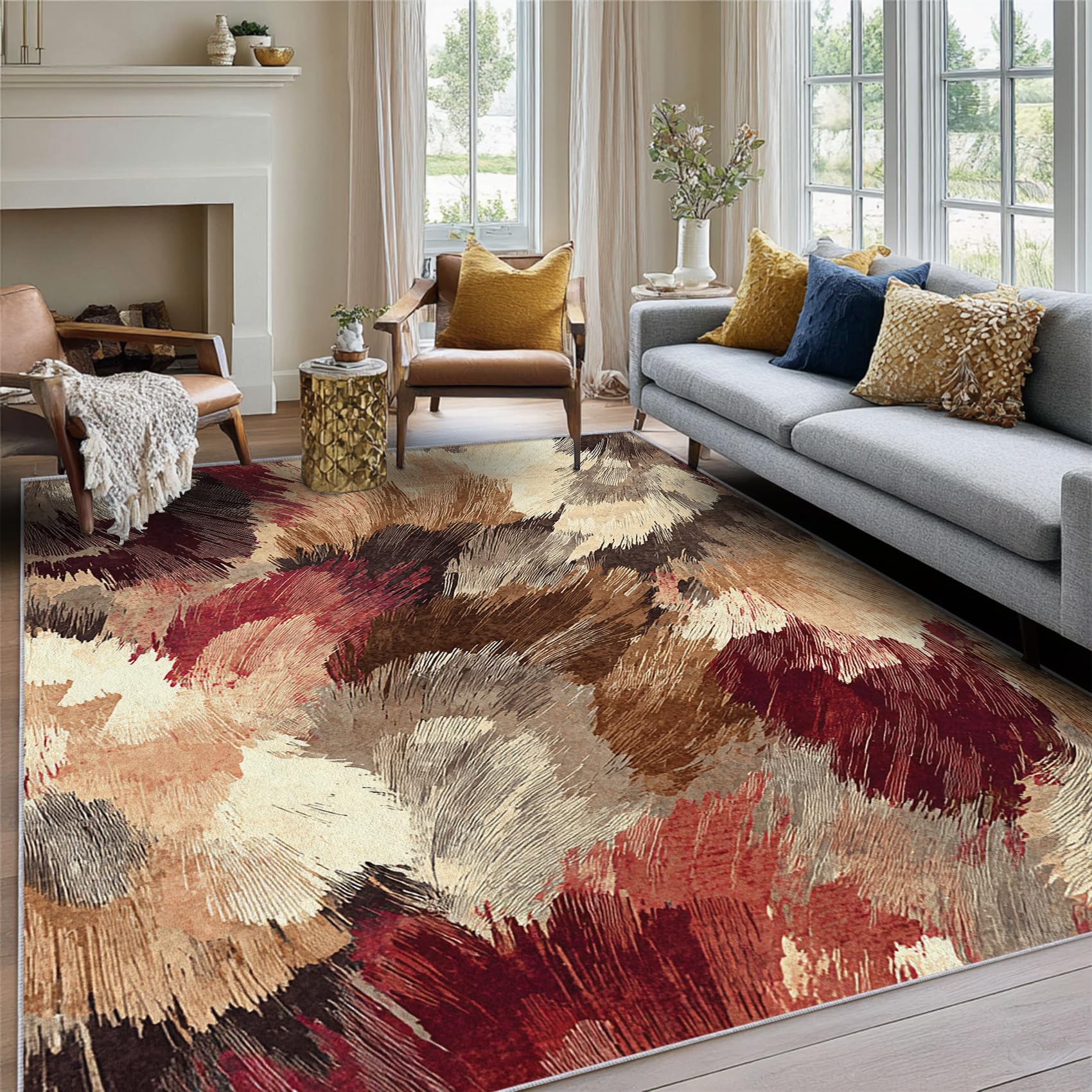 Abstract Rug Small Mat, Industrial Style Brown Red Rug Bedroom Kitchen Machine Washable Non Slip Low Pile, Abstract Home Decor Area Rug Carpet 60 x 110 cm