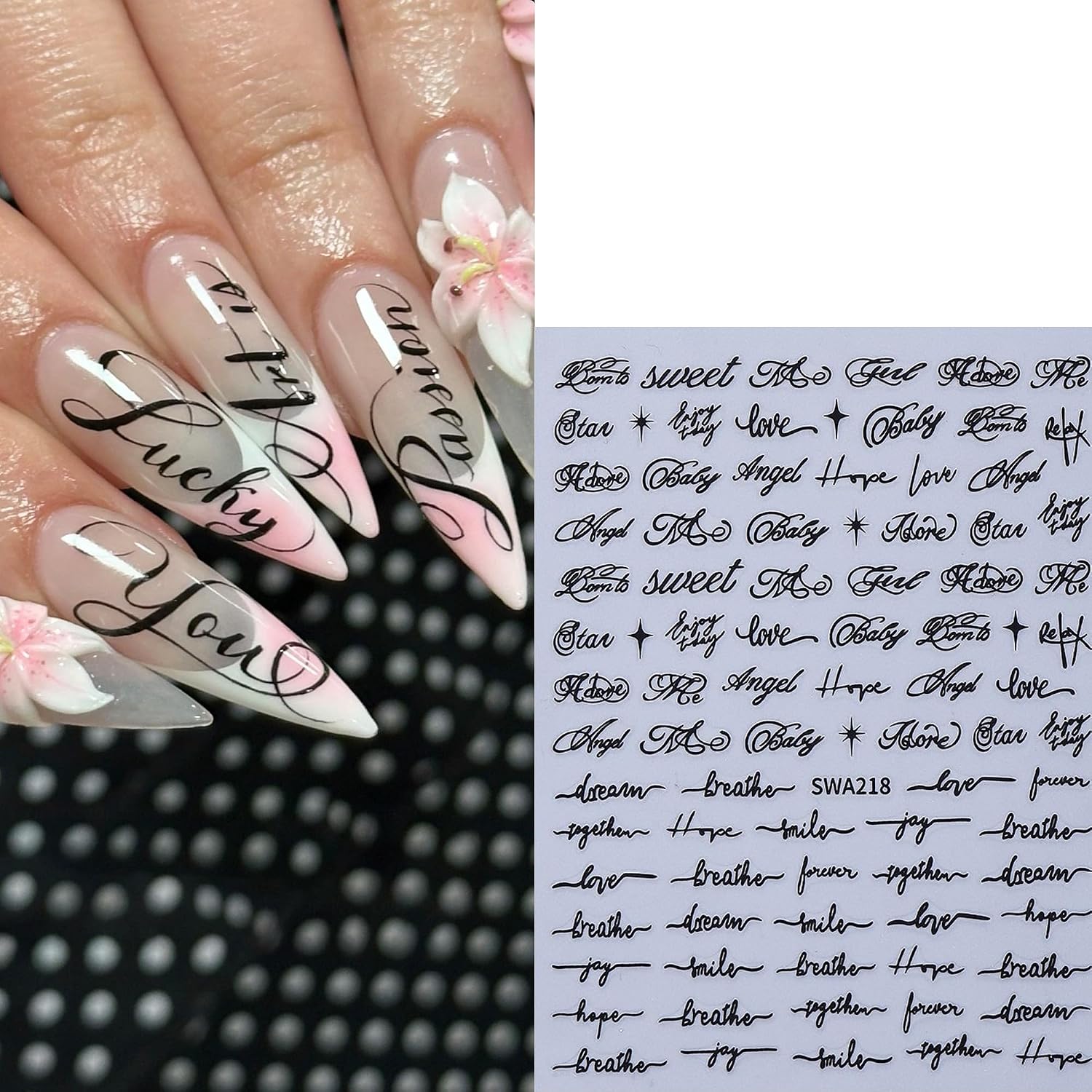 6 Sheets Cursive Letter Nail Stickers Red & Black English Script Words Decals for Nails 3D Self-Adhesive Nail Art Design Accessories Inspirational Text Nail Art Supplies for Women Design Manicure