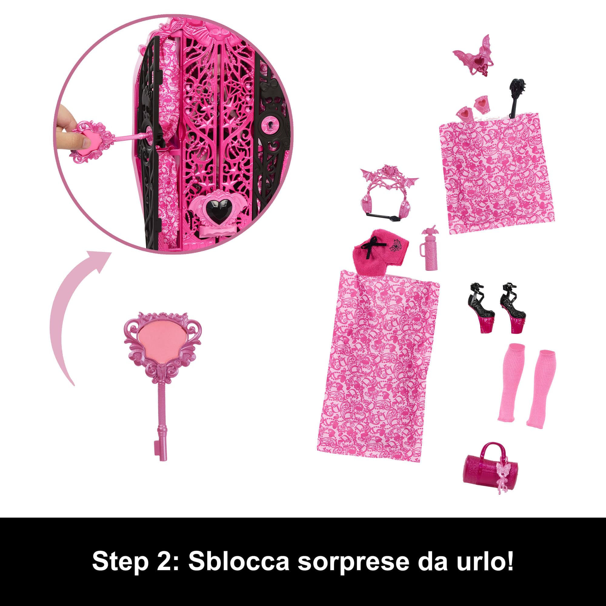 Monster High Segreti da Brivido - Draculaura Misteri Mostruosi, Set con Bambola e Guardaroba, 19 Accessori e Capi d'Abbigliamento a Sorpresa Inclusi, Giocattolo per Bambini, 4+ Anni, HXH84