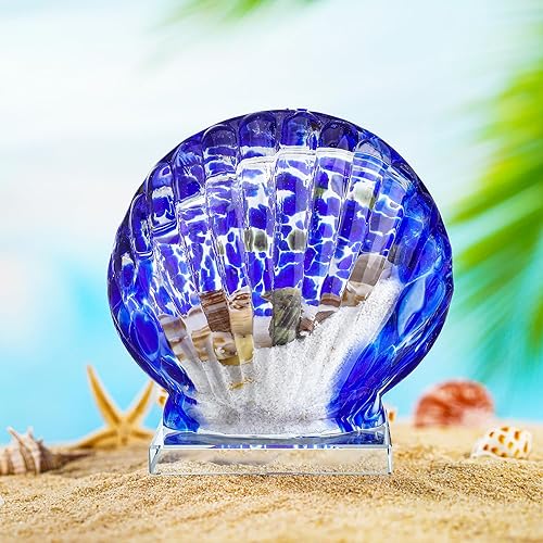 QFkris Adorno de cristal hecho a mano de concha de vieira de 4.5 pulgadas con arena y conchas marinas, decoración de playa costera coleccionable,