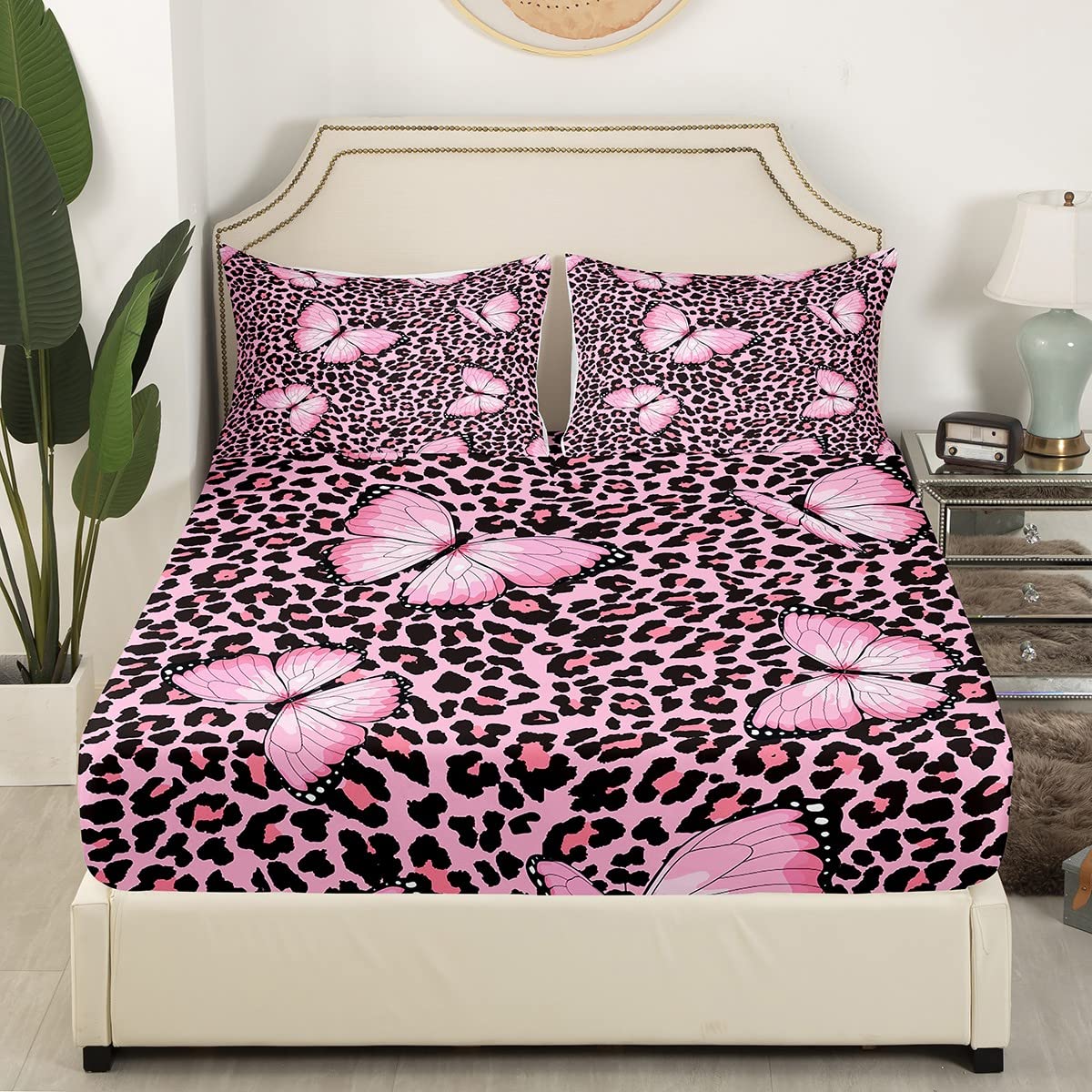 Pink Leopard Print Fitted Sheet Twin Size,Kids Girls Woman Novelty Room Decor,Abstract Wild Animal Cheetah Skin Bed Cover,Butterfly Romantic Bedding