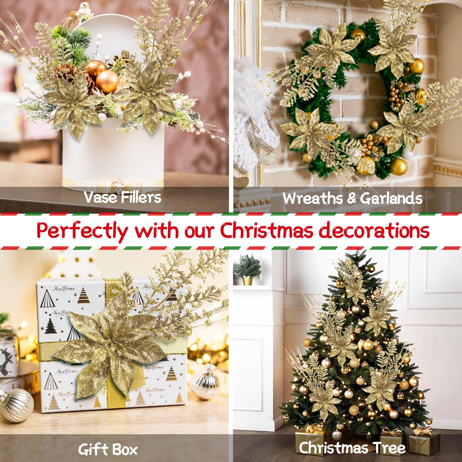 Künstliche Glitzer-Beerenstiel-Ornamente, 44 cm, künstliche Weihnachtsspieße, Dekorationen mit Weihnachtsstern, Perlenstäbchen für Weihnachtsbaum, Kranz, Hochzeit und kleine Vasen-Dekoration, 24 Stück
