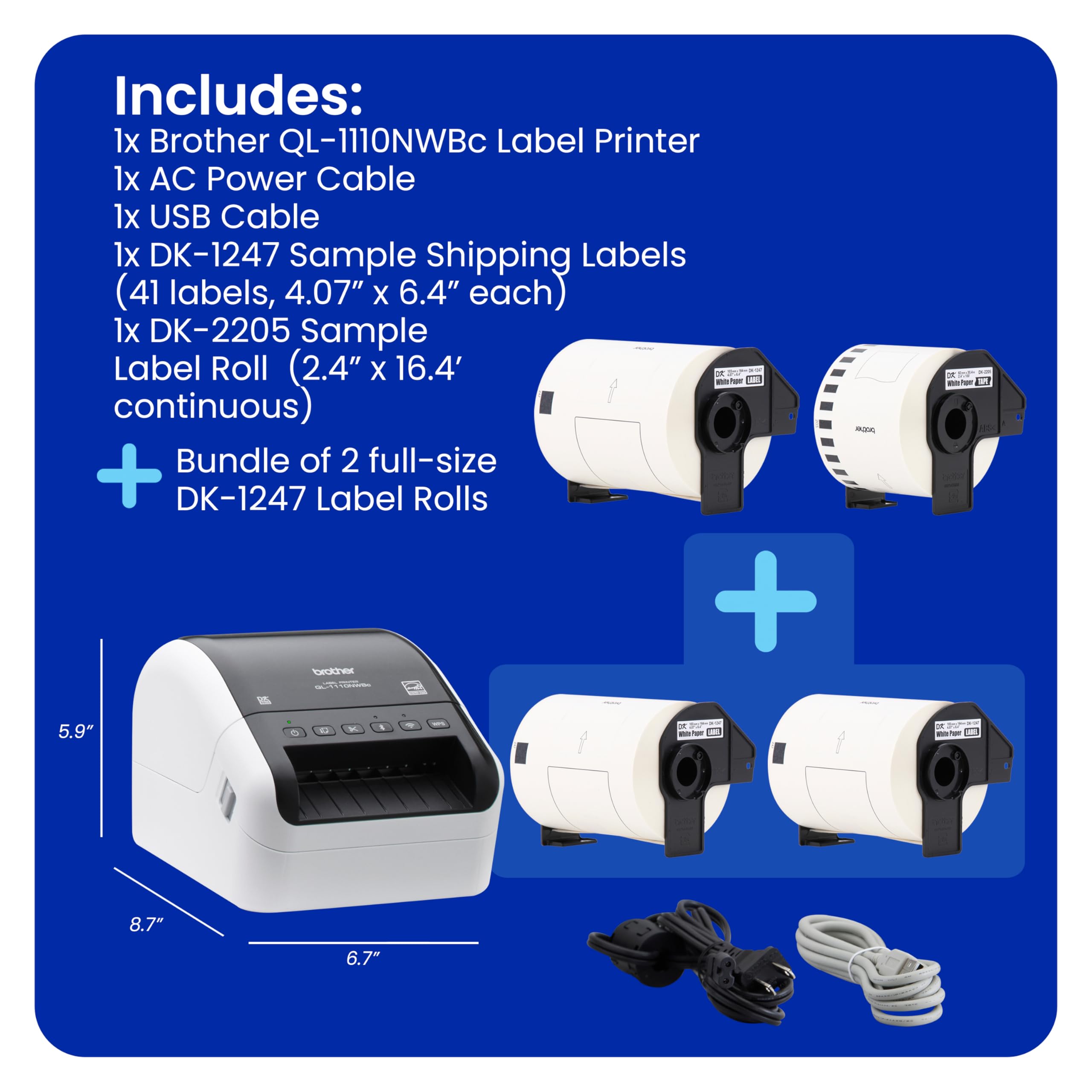Brother Pacchetto QL-1110NWBC, connettività wireless, stampante termica per etichette ad ampio formato, stampa affrancatura e codici a barre, oltre a 2 rotoli di nastri per etichette DK originali DK