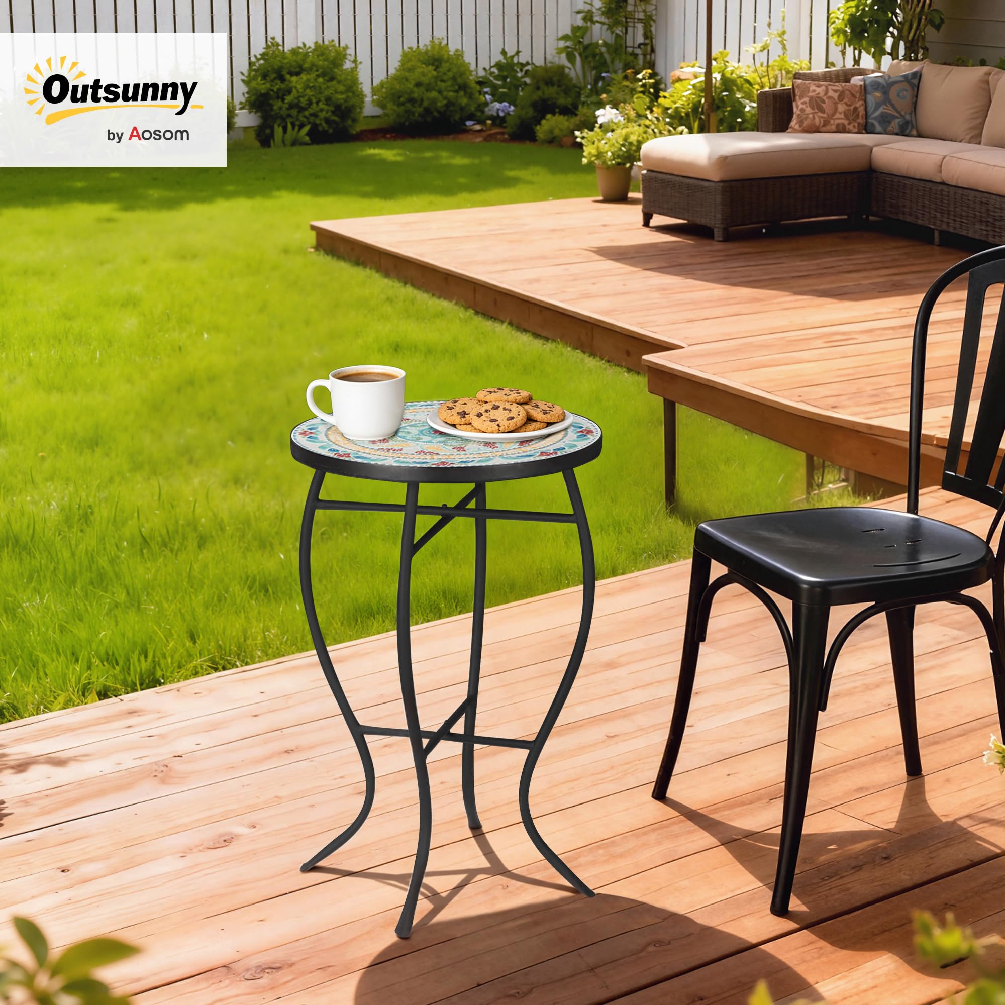 Outsunny Mesa de Jardín Redonda Mosaico Patas Metal Ø35,5x53,5 cm Turquesa