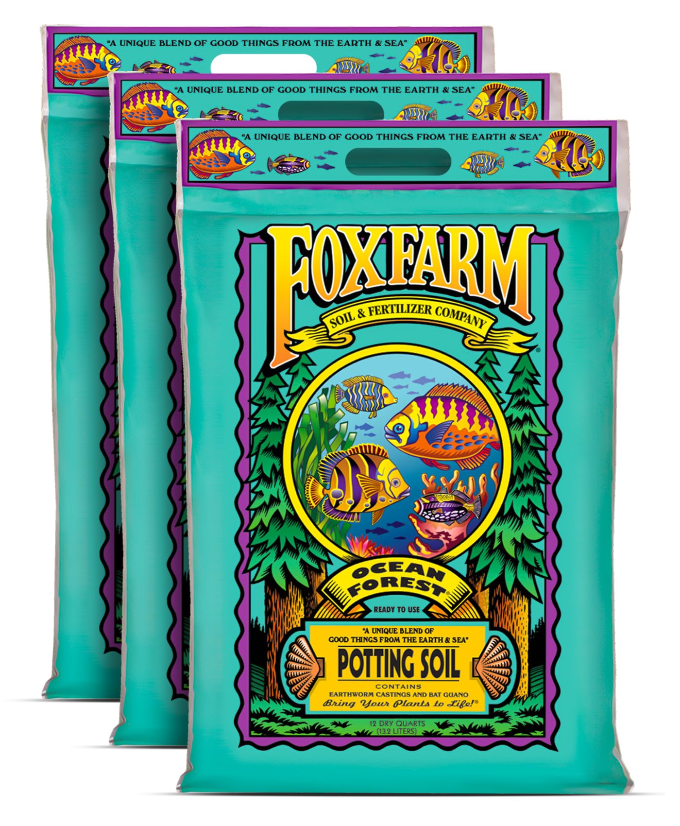 Ocean Forest Potting Soil for Container Gardens - Light, Aerated Texture with Fish Emulsion, Crab Meal, Earthworm Castings - Houseplant Potting Mix for Seedlings & Plant Starts - 3 x 12 Quart