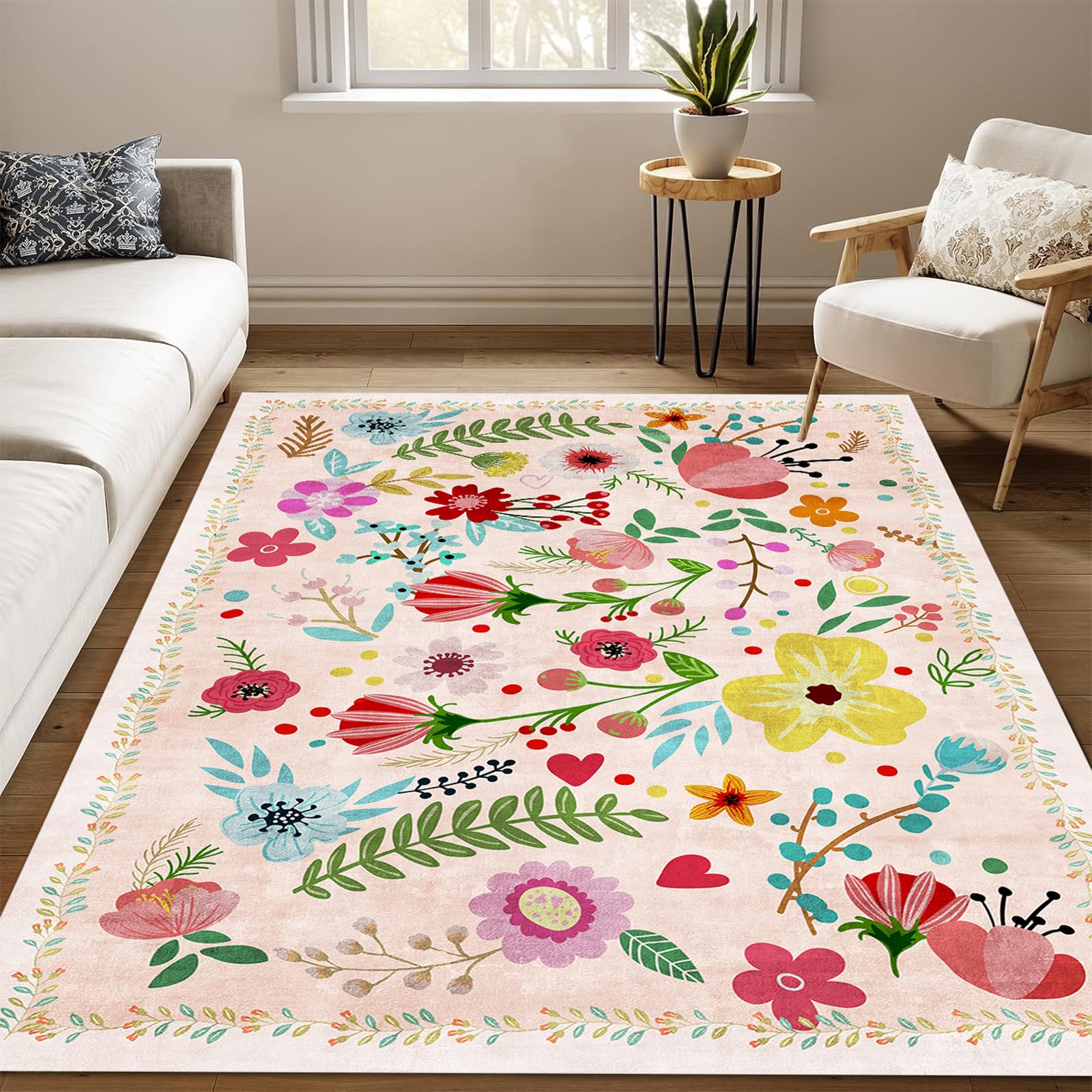 Bairichmat Pink Bedroom Rug,6'x9'Washable Area Rugs,Non-Slip Ultra-Thin Soft Dining Room Rug,Floral Rugs for Bedroom,Bedside,Kitchen,Entryway,Office