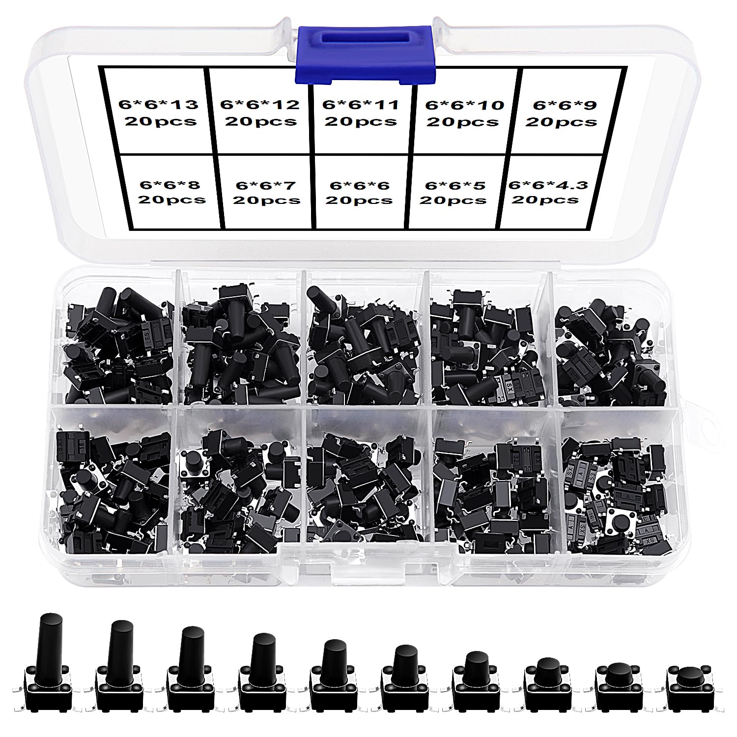 VooGenzek 200 PCS Micro Momentary Tactile Push Button Switch, 6×6mm 10 Types of Button Switch Assortment Kit, for Fields of Electronic Products, Black