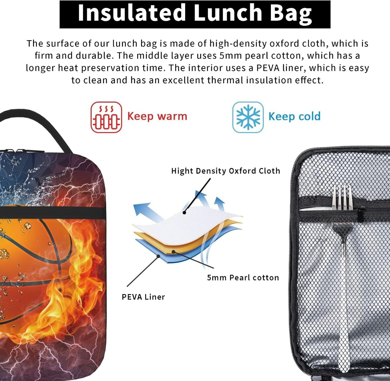 Basketball Lunch Box for Kids Teens Boys Girls, Sports Insulated Lunch Bag Leakproof Portable Meal Bags with Side Pocket, Durable Reusable Tote Bag for Beach/Picnic/School/Work - Image 5
