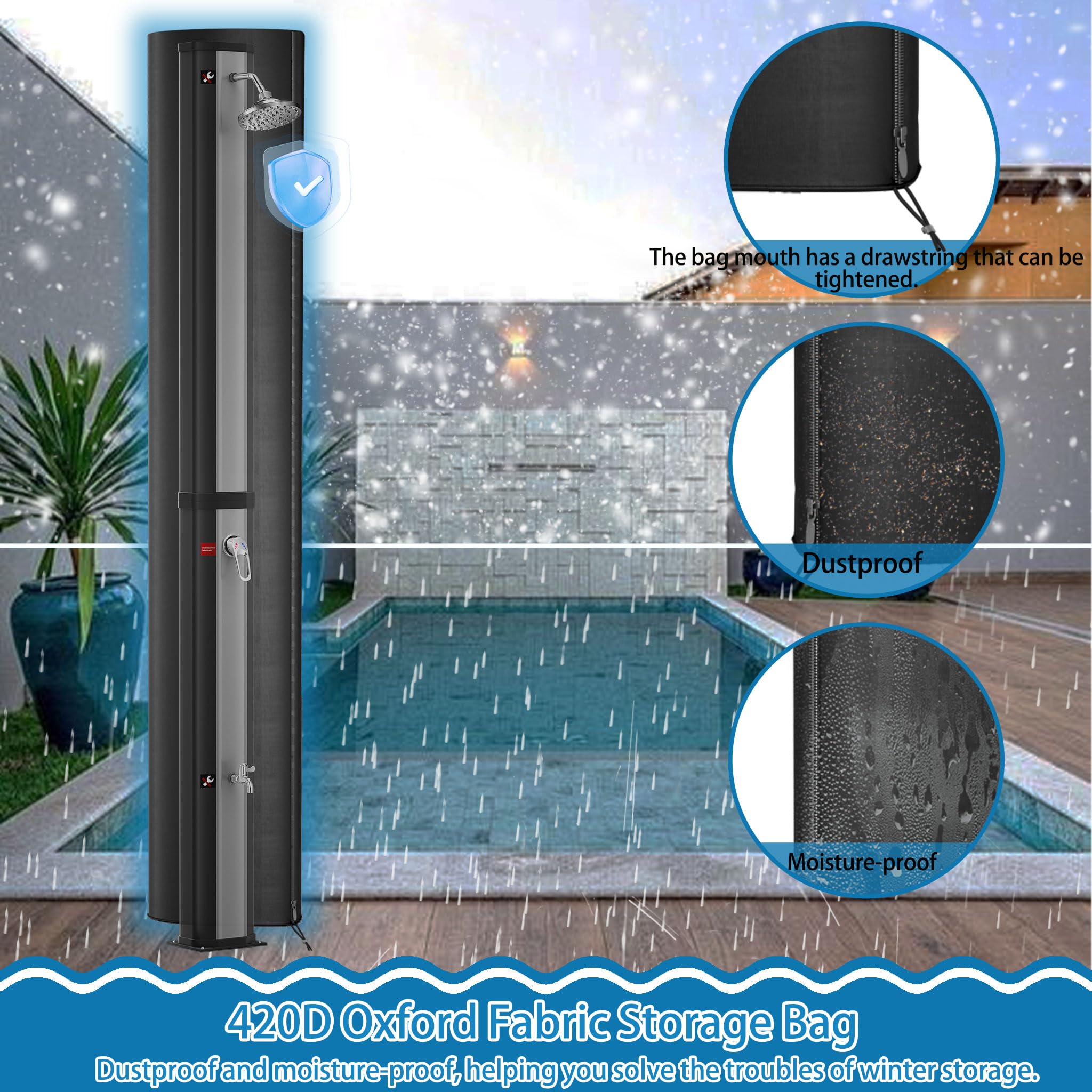 UISEBRT Ducha solar 35 litros - Ducha de jardín Agua caliente solar , Ducha exterior Ducha de piscina Camping incl. grifo Ducha Conexión para manguera de jardín (Negro+Plata)
