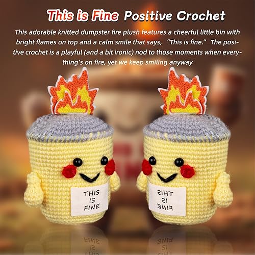 Miniatura 2 de Cute This is Fine Positive Crochet  Contenedor de apoyo emocional juguete de felpa de fuego  Accesorios de escritorio divertidos de oficina amarillo