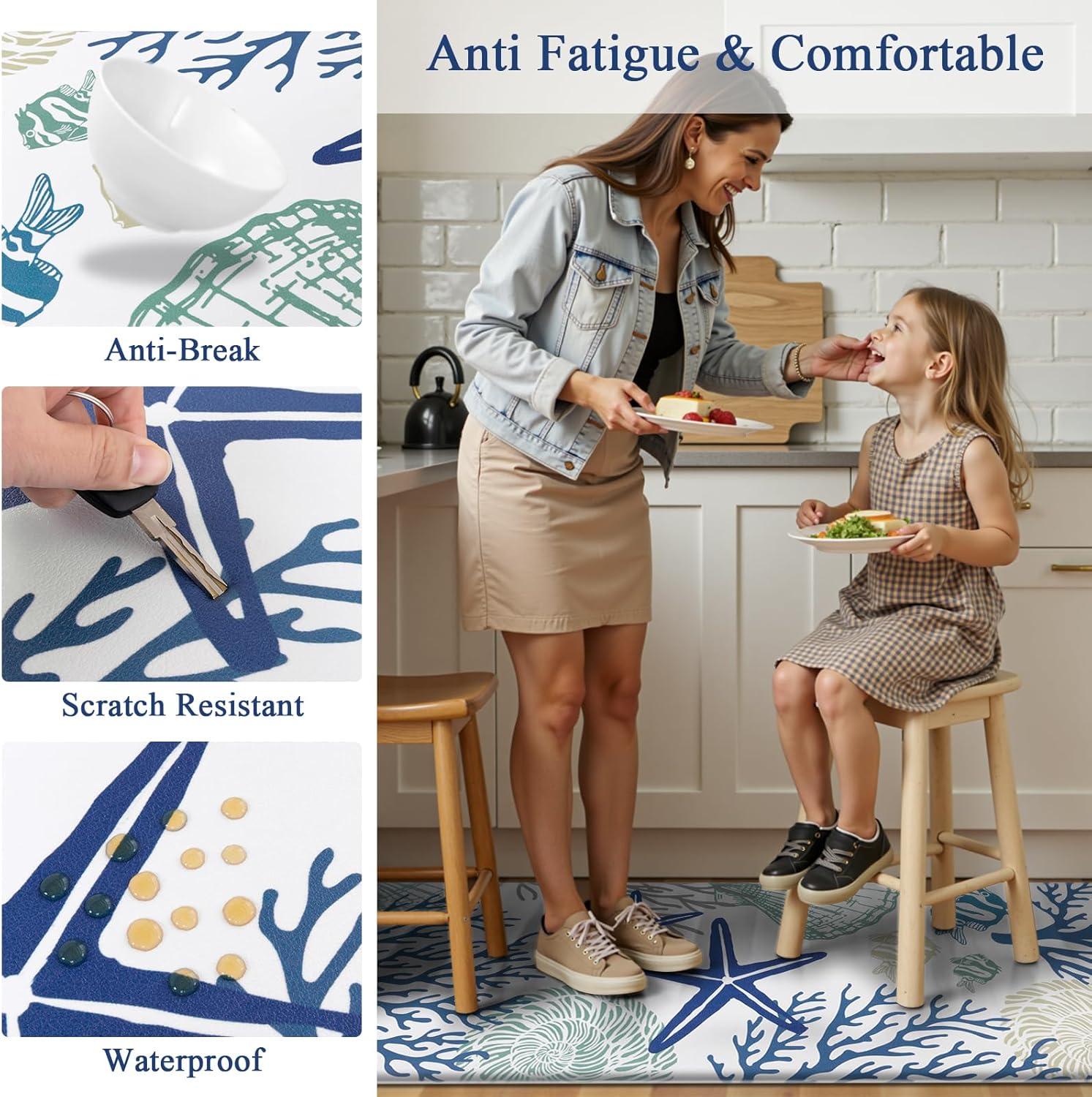 SHACOS Coastal Kitchen Rugs Set of 2 Anti-Fatigue Kitchen Mats Summer Cushioned Mats with Sea Themed White Blue Starfish Shell Coral Tropical Fish 17x27.5+17x47, Coastal Beach