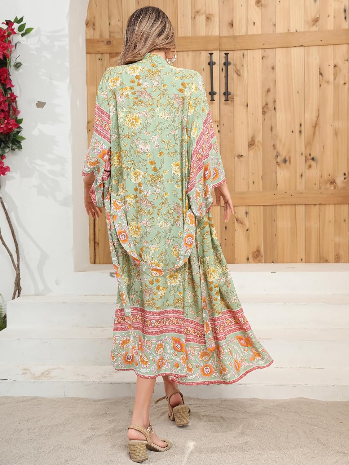 R.Vivimos Women's Vintage Floral Print Beach Boho Cardigan Kimono Maxi Swimwear Cover up Dress Wrap - Image 5