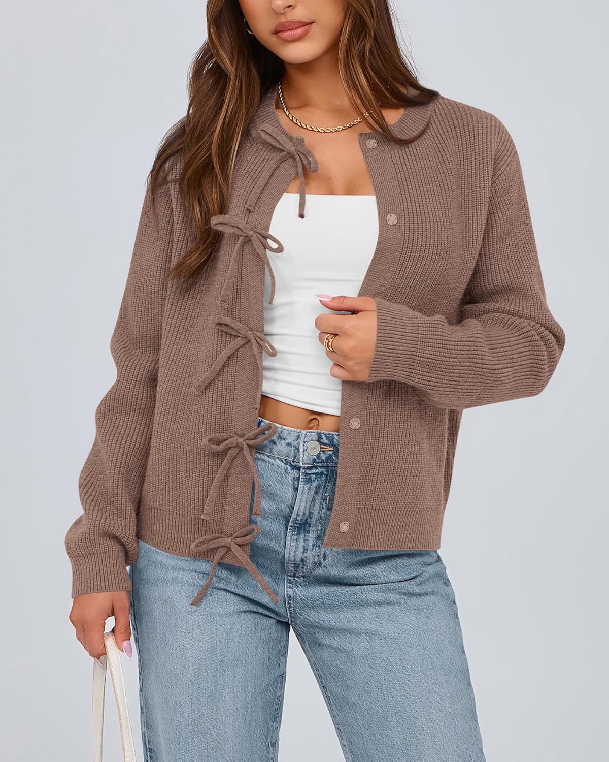 BTFBM Bow Cropped Cardigan Sweaters for Women 2026 Fall Winter Open Front Sweater Long Sleeve Button Fashion Spring Clothes