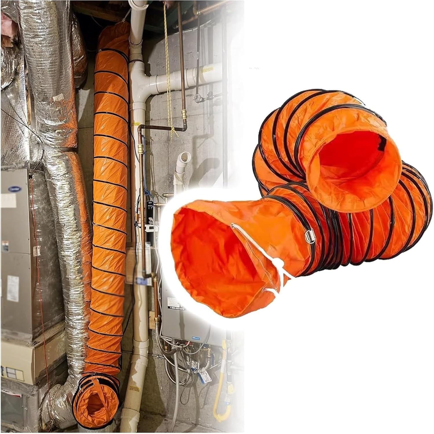 Commercial Waterproof Ducting Hose, PVC, Heat-Resistant, Folding Exhaust Duct with Adjustable Rope D-Ring, for Blower Fan, Ventilation, Drying, Cooling Applications(6.6ft,Diameter - 200 mm)