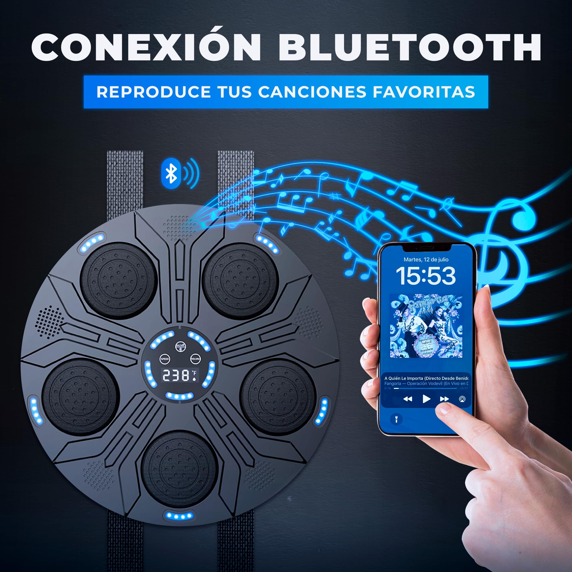 JUPPLIES Maquina de Boxeo Musical para Pared – Kit Boxing con Guantes, Diana Electrónica, Luces LED, Musica Bluetooth y 9 Modos Ajustables para Entrenamiento en Casa