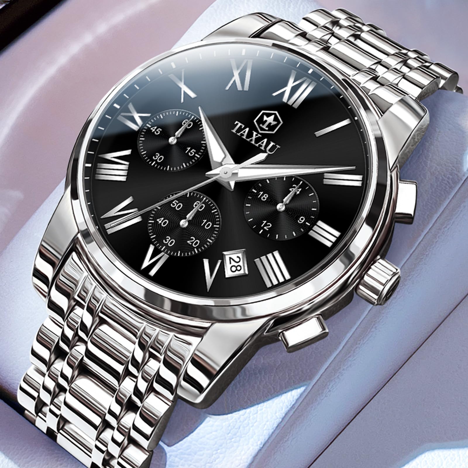 Taxau Montre multifonction pour homme - En acier inoxydable - Chronographe - Cadran romain - Montre de luxe - Étanche - Lumineuse - Avec date - Cadeau pour homme