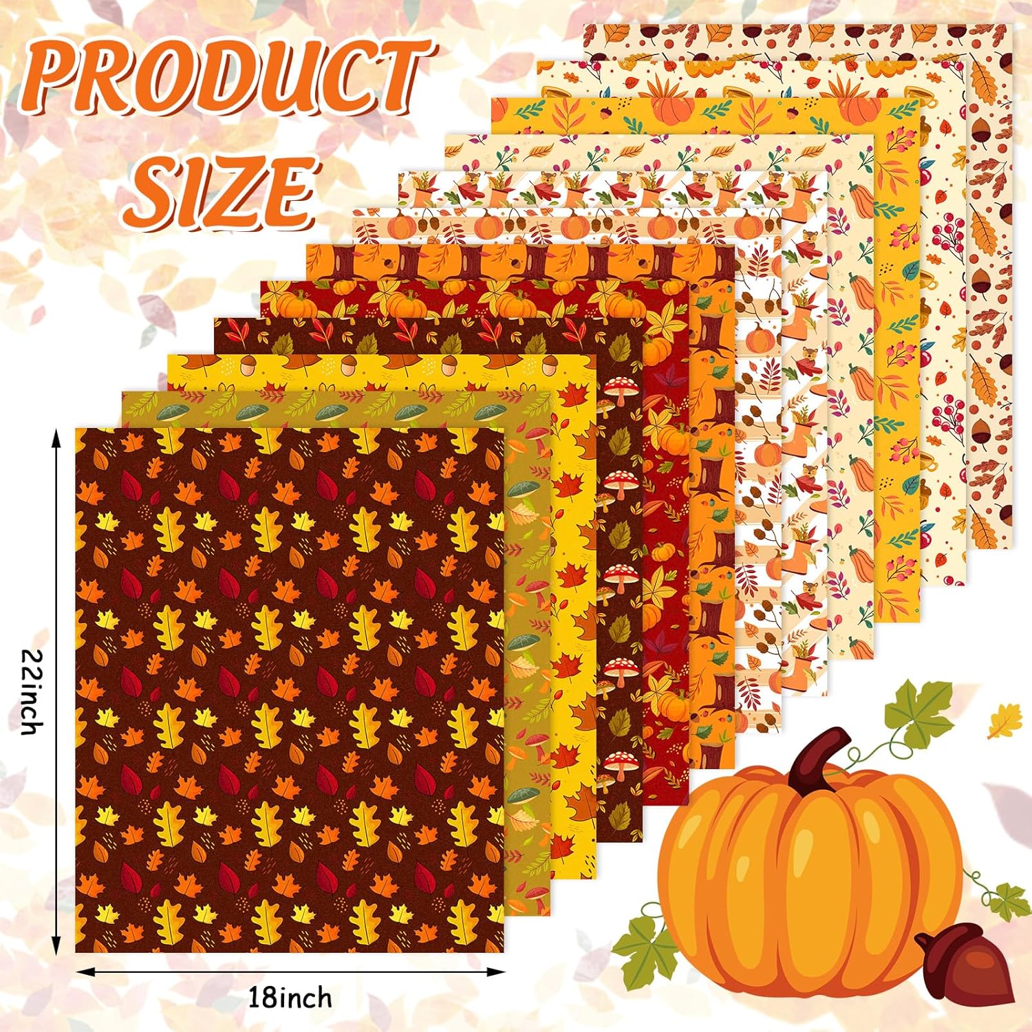 JarThenaAMCS 12 Pcs Fall Cotton Fabric Bundles Pumpkin Maple Leaf Mushroom Acorn Fat Quarters Autumn Thanksgiving Quilting Patchwork for DIY Craft Home Party Decor, 18 x 22 Inch